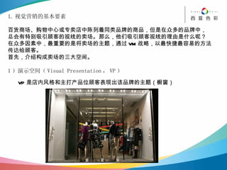 1. 视觉营销的基本要素 百货商场、购物中心或专卖店中陈列着同类品牌的商品，但是在众多的品牌中， 总会有特别吸引顾客的视线的卖场。那么，他们吸引顾客视线的理由是什么呢？ 在众多因素中，最重要的是将卖场的主题，通过 VM 战略，以最快捷最容易的方法 传达给顾客。 首先，介绍构成卖场的三大空间。 1 ）演示空间（ Visual Presentation ， VP ） VP 是店内风格和主打产品位顾客表现出该品牌的主题（橱窗） 