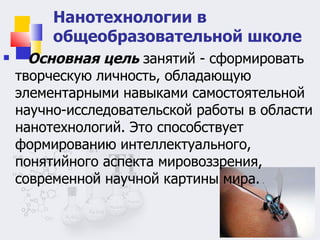 Основная цель  занятий - сформировать творческую личность, обладающую элементарными навыками самостоятельной научно-исследовательской работы в области нанотехнологий. Это способствует формированию интеллектуального, понятийного аспекта мировоззрения, современной научной картины мира. Нанотехнологии в общеобразовательной школе 