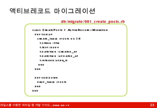 액티브레코드 마이그레이션 class CreatePosts < ActiveRecord::Migration def self.up create_table :posts do |t| t.string :title t.text :body t.datetime :created_at t.datetime :updated_at t.integer :user_id end end def self.down drop_table :posts end end db/migrate/001_create_posts.rb 