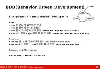 BDD(Behavior Driven Development) $ script/spec -fs spec\models\post_spec.rb Post - title 은 반드시 입력해야 한다 - title 은 중복되어서는 안된다 - title 은  5 자 이상이어야 한다  (PENDING: Not Yet Implemented) - body 는 최대  1,000 자까지 쓸 수 있다  (PENDING: Not Yet Implemented) Pending: Post title 은  5 자 이상이어야 한다  (Not Yet Implemented) Post body 는 최대  1,000 자까지 쓸 수 있다  (Not Yet Implemented) Finished in 0.731 seconds 4 examples, 0 failures, 2 pending 