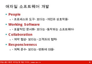 애자일 소프트웨어 개발 People ‘ 프로세스와 도구’ 보다는 ‘개인과 상호작용’ Working Software ‘ 포괄적인 문서화’ 보다는 ‘동작하는 소프트웨어’ Collaboration ‘ 계약 협상’ 보다는 ‘고객과의 협력’ Responsiveness ‘ 계획 준수’ 보다는 ‘변화에 대응’ 