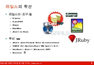 레일스 의 확산 레일스의 ‘친구’들 Django CakePHP Grails ErlyWeb jRuby on Rails 루비  VM jRuby: Java Powerd Ruby Implementation YARV: Yet Another Ruby VM (ruby 1.9.1)  IronRuby : Ruby + Microsoft .NET Rubinius  등 