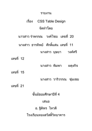 รายงาน<br />เรื่อง     CSS Table Design<br />จัดทำโดย<br />นาวสาว รำพรรณ    วงค์ไชย   เลขที่  20<br />นางสาว  ธารทิพย์   ศักดิ์แสน  เลขที่  11<br />                               นางสาว  บุษยา       วงค์ศรี      เลขที่  12<br />                               นางสาว  พิมพา       ผดุงกิจ     เลขที่  15<br />                               นางสาว  วาริวรรณ   ชุ่มเชย    เลขที่  21<br />ชั้นมัธยมศึกษาปีที่ 4<br />เสนอ<br />อ. ฐิติพร  ไหวดี<br />โรงเรียนทองสวัสดิ์วิทยาคาร<br />สำนักงานเขตพื้นที่ประศึกษา เขต 2<br />                                                                  คำนำ<br />            รายงานเล่มนี้จัดทำขึ้นเพื่อเป็นสื่อการเรียนการสอนให้แกน้องๆเพื่อพี่ๆทุกคน<br />         มีเนื้อหาในเรื่องนี้เกี่ยวกับการสอนวิธีใช่  CSS Table Design  มีเนื้อหาบอกเล่าถึงวิธี<br />         การใช่งานหรือการเตรียมตัวก่อนเริ่มเรียน CSS ว่าจะต้องมีพื้นฐานในการใช้     HTML<br />         มาก่อนต้องขอขอบพระคุณ อ.ที่ปรึกษา อ.ฐิติพร ไหวดี เป็นอย่างสูง    ที่ให้คำแนะนำ<br />         และคำติชมมาอย่างดี   สุดท้ายนี้รายงานเล่มนี้หวังว่าคงจะเป็นประโยชน์กับเพื่อน <br />        พี่ๆ  น้องๆ ไม่มากก็น้อยหากผิดพลาดประการใดต้องขออภัยมา ณ ที่นี้ด้วย<br />                                                                                  จัดทำโดย<br />                                                                              นางสาว รำพรรณ  วงค์ไชย  เลขที่ 20<br />                                                                                 นางสาว  ธารทิพย์  ศักดิ์แสน  เลขที่ 11<br />                                                                           นางสาว  บุษยา  วงค์ศรี     เลขที่ 12<br />                                                                         นางสาว  พิมพา  ผดุงกิจ  เลขที่  15<br />                                                                                นางสาว  วาริวรรณ   ชุ่มเชย   เลขที่  21<br />สารบัญ<br />เรื่อง                                                                                                                               หน้า<br />Lntroduction                                                                                                        <br />Syntax                                                                                                                  <br />Unit                                                                                                                       <br />Color                                                                                                                     <br />Lnsert   a styleshee                                                                                                                                                 <br />Selector: HTML tag,class,id                                                                                 <br />Conlextual selectors                                                                                              <br />Font                                                                                                                       <br />Text                                                                                                                        <br />Background                                                                                                           <br />Border                                                                                                                    <br />Margin,padding                                                                                                      <br />Link                                                                                                                          <br />Table                                                                                                                         <br />                                                                                                                         Classiflcation                                                                                                          <br />Positioning                                                                                                                <br />Lmage                                                                                                                         <br />Form                                                                                                                           <br />Scorll bar                                                                                                                    <br />Mouse cursor                                                                                                            Media types                                                                                                                <br />Layout(Table)                                                                                                             <br />Layout(DIV)                                                                                                               <br />Pseudo-classes                                                                                                            <br />Pseudo-element                                                                                                           <br />บรรณนุกรม                                                                                                                <br />บรรณานุกรม<br />http://www.enjoyday.net/webtutorial/css/css_chapter02.html<br />CSS คืออะไร?<br />CSS ย่อมาจาก Cascading Style Sheets   เป็นภาษาที่มีรูปแบบการเขียน Syntax ที่เฉพาะ และถูกกำหนดมาตรฐานโดย W3C (World Wide Web Consortium) เช่นเดียวกับ HTML และ XHTML    ใช้สำหรับตกแต่งเอกสาร HTML/ XHTML ให้มีหน้าตา สีสัน ตัวอักษร เส้นขอบ พื้นหลัง ระยะห่าง ฯลฯ อย่างที่เราต้องการ ด้วยการกำหนดคุณสมบัติให้กับ Element ต่างๆ ของ HTML เช่น <body>, <p>, <h1> เป็นต้น<br />ประโยชน์ของ CSS<br />1. การใช้ CSS ในการจัดรูปแบบการแสดงผล จะช่วยลดการใช้ภาษา HTML ในการตกแต่งเอกสารเว็บเพจ ทำให้ code ภายในเอกสาร HTML เหลือเพียงส่วนเนื้อหา ทำให้เข้าใจง่ายขึ้น การแก้ไขเอกสารทำได้ง่ายและรวดเร็ว2. เมื่อ code ภายในเอกสาร HTML ลดลง ทำให้ขนาดไฟล์เล็กลง จึงดาวน์โหลดได้เร็ว3. สามารถกำหนดรูปแบบการแสดงผลจากคำสั่ง style sheet ชุดเดียวกัน ให้มีผลกับเอกสาร HTML ทั้งหน้า หรือทุกหน้าได้ ทำให้เวลาแก้ไขหรือปรับปรุงทำได้ง่าย ไม่ต้องไล่ตามแก้ที่ HTML tag ต่างๆ ทั่วทั้งเอกสาร 4. สามารถควบคุมการแสดงผลให้เหมือนกัน หรือใกล้เคียงกัน ได้ในหลาย Web Browser5. สามารถกำหนดการแสดงผลในรูปแบบที่เหมาะกับสื่อชนิดต่างๆ ไม่ว่าจะเป็นการแสดงผลบนหน้าจอ, บนกระดาษเมื่อสั่งพิมพ์, บนมือถือ หรือบน PDA โดยที่เป็นเนื้อหาเดียวกัน6. ทำให้เป็นเว็บไซต์ที่มีมาตรฐาน ปัจจุบันการใช้ attribute ของ HTML ตกแต่งเอกสารเว็บเพจ นั้นล้าสมัยแล้ว W3C แนะนำให้เราใช้ CSS แทน ดังนั้นหากเราใช้ CSS กับเอกสาร HTML ของเรา ก็จะทำให้เข้ากับเว็บเบราเซอร์ในอนาคตได้ดีตัวอย่างกรณีที่จัดรูปแบบการแสดงผลด้วยภาษา HTML <br /><html><body><h1><font color=quot;
redquot;
 face=quot;
Arialquot;
>วิธีดูแลรักษาสุขภาพ</font></h1> <p><font color=quot;
blackquot;
 face=quot;
Arialquot;
><b>รับประทานอาหารที่มีประโยชน์ หมั่นออกกำลังกาย และพักผ่อนให้เพียงพอ</b></font></p><h1><font color=quot;
redquot;
 face=quot;
Arialquot;
>วิธีกินผลไม้ที่ถูกต้อง</font></h1> <p><font color=quot;
blackquot;
 face=quot;
Arialquot;
><b>ให้กินผลไม้แค่ทีละอย่าง เช่นจะกินมะม่วงก็มะม่วงอย่างเดียวทั้งมื้อ เพื่อให้ร่างกายจัดเตรียมการย่อยได้ง่าย ไม่สับสน นอกจากนี้ยังไม่ควรกินผลไม้ทันทีหลังอาหาร ถ้าทานมื้อหลักแล้วควรรออย่างน้อย 20 นาที</b></font></p></body></html><br />ตัวอย่างเมื่อเปลี่ยนมาใช้คำสั่ง style sheet จัดรูปแบบการแสดงผลแทนการใช้ code ภาษา HTML ทำให้ code ภายในเอกสารอ่านเข้าใจง่าย และแก้ไขได้ง่ายขึ้น ^^ <br /><html><head><style type=quot;
text/cssquot;
>h1{color:red; font-family:Arial; }p{color:black; font-family:Arial; font-weight:bold }</style></head><body><h1>วิธีดูแลรักษาสุขภาพ</h1><p>รับประทานอาหารที่มีประโยชน์ หมั่นออกกำลังกาย และพักผ่อนให้เพียงพอ</p><h1>วิธีกินผลไม้ที่ถูกต้อง</h1><p>ให้กินผลไม้แค่ทีละอย่าง เช่นจะกินมะม่วงก็มะม่วงอย่างเดียวทั้งมื้อ เพื่อให้ร่างกายจัดเตรียมการย่อยได้ง่าย ไม่สับสน นอกจากนี้ยังไม่ควรกินผลไม้ทันทีหลังอาหาร ถ้าทานมื้อหลักแล้วควรรออย่างน้อย 20 นาที</p> </body></html> <br />โครงสร้างคำสั่ง<br />คำสั่งของ CSS ประกอบด้วย selector, property และ value <br />selector { property:value } selector { property1:value1; property2:value2 }<br />- selector สามารถเป็น HTML Tag ต่างๆ เช่น <body>, <p> หรือเป็น Class name หรือ ID ที่เราตั้งชื่อให้ก็ได้- property คือ คุณสมบัติในการจัดรูปแบบการแสดงผล เช่น color สำหรับกำหนดสี, font-size สำหรับกำหนดขนาดตัวอักษร- value เป็น ค่า ที่เรากำหนดให้กับ property ต่างๆ เช่น color:white, font-size:14px<br />ตัวอย่างคำสั่ง CSS<br />กำหนดให้ข้อความที่อยู่ใน Tag <p> เป็นสีดำ และวางอยู่กึ่งกลาง<br />/* selector ที่เป็น HTML Tag */p {color:#000000;text-align:center} <br />กำหนดให้ข้อความที่ class name topic เป็นสีแดง ชนิดอักษรเป็น Arial ตัวหนา และจัดวางอยู่กึ่งกลาง<br />/* selector ที่เป็น Class name */.topic{color:red; font-family:Arial; font-weight:bold; text-align:center }        <br />กรณีที่ selector มีค่า property เหมือนกัน สามารถเขียนรวมกันได้ โดยใช้เครื่องหมาย quot;
,quot;
 คั่นระหว่าง selectorกำหนดให้ข้อความใน Tag <h1>,<h2> และ <h3> เป็นสีแดง ชนิดตัวอักษรเป็น sans-serif<br />h1, h2, h3 {color:red;font-family:sans-serif } <br />สำหรับเรื่อง property และ value จะได้ศึกษาอย่างละเอียดในหัวข้อต่อๆ ไป Comment <br />ใน Style Sheet Comment  จะใช้เครื่องหมาย quot;
/*quot;
 เป็นการเปิด และ quot;
*/quot;
 เป็นการปิด เช่น <br />/* นี่คือ comment กำหนดสีตัวอักษรเป็นสีดำ ขนาด14px */body {color:#000000;font-size:14px} <br />หน่วยที่ใช้วัดค่าต่างๆ ใน Style Sheet<br />จาก syntax ของคำสั่ง CSS ค่า value ของ property บางค่าจะต้องมีการระบุหน่วยด้วย   หน่วยที่ใช้งานใน CSS มีอะไรบ้าง มาดูกันค่ะหน่วยแบบ Relative Length (กำหนดแบบอัตราส่วน) <br />px (pixels, สัมพันธ์กับค่าความละเอียดของหน้าจอ) เช่น 1px, 4px<br />em (emphasize, ความสูงของตัวอักษร) เป็นขนาดจำนวนเท่าของขนาด font ที่กำหนดให้ body ถ้า font ที่ body กำหนดเป็น 10px h1{fon-size:1.5em} h1 จะมีขนาดเป็น 1.5 เท่า ของ 10px = 15px h2{fon-size:1.4em} h2 จะมีขนาดเป็น 1.4 เท่า ของ 10px = 14px และถ้าเรากำหนดเป็น 1em ก็จะมีขนาด้เท่ากับ 10px เหมือนเดิม <br />ex (x-height, ความสูงของตัวอักษร quot;
xquot;
) เช่น 1.5ex, 2ex<br />% (percent, สัมพันธ์กับขนาดหน้าจอ หรือ container ที่บรรจุวัตถุนั้นๆ อยู่) เช่น 50%, 130%<br />หน่วยแบบ Absolute Length (กำหนดตายตัว) <br />in (inches; 1in=2.54cm =72pt =6pc) เช่น 2in, 1.5in<br />cm (centimeters; 1cm=10mm) เช่น 2cm, 1.11cm<br />mm (millimeters) เช่น 50mm, 0.8mm <br />pt (points; 1pt=1/72in, 10pt มีขนาดพอๆกับ 12px) เป็นหน่วยที่ใช้ในงานสิ่งพิมพเช่น 12pt, 20pt <br />pc (picas; 1pc=12pt) เช่น 1pc, 2pc<br />สี (Color)<br />การกำหนดสีให้ตัวอักษร พื้นหลัง เส้นขอบ หรือส่วนอื่นๆ ของวัตถุ สามารถกำหนดได้หลายแบบ1. กำหนดโดยใช้ชื่อสี แต่การระบุชื่อสีแบบนี้ใช้สีได้จำนวนจำกัด ได้แก่ aqua, black, blue, fuchsia (แดงอมม่วง), gray, green, lime, maroon (น้ำตาลแดง), navy, olive, purple, red, silver, teal (เขียวขนเป็ด), white, และ yellow 2. กำหนดเป็นค่าสีแบบ RGB <br />#rrggbb เช่น #eecc00, #42e15e<br />#rgb เช่น #ec0 หมายถึง #eecc00 <br />rgb(x,x,x) โดยที่่ x คือจำนวนเต็มตั้งแต่ 0-255 เช่น rgb(0,204,0) <br />rgb(y%,y%,y%) โดยที่ี่ y คือเปอร์เซ็นต์ตั้งแต่ 0%-100% เช่น rgb(0%,80%,0%) <br />ชื่อสีรหัสค่าสีฐาน16รหัสค่าสีฐาน16 แบบย่อRGBการแสดงผลสีBlack#000000#000rgb(0,0,0) Red#FF0000#F00rgb(0,0,0) Green#00FF00#F00rgb(0,255,0) Blue#0000FF#00Frgb(0,0,255) Yellow#FFFF00#FF0rgb(255,255,0) Aqua#00FFFF#FF0rgb(0,255,255) Fuchsia#FF00FF#FF0rgb(255,0,255) Silver#C0C0C0 rgb(192,192,192) White#FFFFFF#FFFrgb(255,255,255) <br />วิธีใช้งาน Style Sheet<br />1. Inline Styles  วิธีการนี้ควรใช้ในกรณีที่ต้องการกำหนด style ให้กับ element ของ HTML เีพียงอันเดียวเป็นการเฉพาะ โดยการแทรกคำสั่ง style sheet ใน  HTML Tag อยู่ในคำสั่ง style=quot;
quot;
  ดังนี้ <br /><Tag style=quot;
property:value;quot;
> <br />Example<br /><html><body><h1 style=quot;
color:red; font-family:Arialquot;
>วิธีดูแลรักษาสุขภาพ</h1><p style=quot;
color:black; font-family:Arial; font-weight:boldquot;
>รับประทานอาหารที่มีประโยชน์ หมั่นออกกำลังกาย และพักผ่อนให้เพียงพอ</p> </body></html> <br />เราควรหลีกเลี่ยงการเขียน style=”quot;
 ฝังลงใน HTML Tag เพราะมันทำให้อ่านยาก และนำไปใช้ต่อไม่ได้ และเป็นการยากที่จะแก้ไข2. Internal Style Sheet วิธีการนี้ควรใช้ในกรณีที่มีเพียง HTML ไฟล์เดียวที่ใช้ style นี้ เมื่อประกาศคำสั่ง Style Sheet เพื่อกำหนดคุณสมบัติ ให้กับ HTML Tag ใดๆ แล้ว จะมีผลกับเอกสาร HTML ทั้งหน้า นิยมใส่ส่วนของคำสั่ง Style Sheet ไว้ระหว่าง <head>...</head>สำหรับ Web Browser รุ่นเก่าที่ไม่สนับสนุนคำสั่ง Style Sheet หรือ Disable Style Sheet ไว้นั้น ให้ใส่ Comment ของ ภาษา HTML ไว้ด้วย เพื่อให้เว็บเบราเซอร์นั้นทราบว่าไม่ใช่คำสั่งภาษา HTML <br />คำสั่งที่ใช้เริ่มต้น และจบ Style Sheet มีโครงสร้างดังนี้ <br /><style type=quot;
text/cssquot;
><!--selector {property1: value1; property2: value2}....--></style> <br />Example<br /><html><br /><body><br /><head><br /><style type=quot;
text/cssquot;
><br /><!-- <br />   h1{color:red; font-family:Arial }<br />   p{color:black; font-family:Arial; font-weight:bold }<br />--> <br /></style><br /></head><br /><body> <br /><h1>วิธีดูแลรักษาสุขภาพ</h1><br /><p>รับประทานอาหารที่มีประโยชน์  หมั่นออกกำลังกาย และพักผ่อนให้เพียงพอ</p><br /><h1>วิธีกินผลไม้ที่ถูกต้อง</h1><br /><p>ให้กินผลไม้แค่ทีละอย่าง เช่นจะกินมะม่วงก็มะม่วงอย่างเดียวทั้งมื้อ เพื่อให้ร่างกายจัดเตรียมการย่อยได้ง่าย <br />ไม่สับสน นอกจากนี้ยังไม่ควรกินผลไม้ทันทีหลังอาหาร ถ้าทานมื้อหลักแล้วควรรออย่างน้อย 20 นาที</p> <br /></body><br /></html><br />3. External Style Sheet วิธีการนี้เหมาะกับกรณีที่มีเพียง 1 style แล้วต้องการนำไปใช้กับเอกสาร HTML หลายๆ ไฟล์ โดยนำเอาคำสั่ง Style Sheet   ที่อยู่ใน <style type=quot;
text/cssquot;
>  ...  </style>  มาบันทึกเป็นไฟล์ใหม่ นามสกุล .css จากนั้นจึงทำการผนวกไฟล์ของ Style Sheet นี้ลงไปในเอกสาร HTML ทุกไฟล์ที่ต้องการใช้งาน Style Sheet ชุดนี้ ไว้ในส่วน <head>...</head> โดยใช้คำสั่ง   <br /><link rel=quot;
stylesheetquot;
 type=quot;
text/cssquot;
 href=quot;
URL ไฟล์.cssquot;
><br />ตัวอย่างนี้จะสร้าง Style Sheet เก็บไว้ในไฟล์หนึ่ง แล้วให้ไฟล์เอกสาร HTML หลายๆ หน้ามาเรียกใช้<br />Example <br />ในไฟล์ mystyle.css ให้เขียน code ดังนี้ <br />h1{ color:red; font-family:Arial }p{ color:black; font-family:Arial; font-weight:bold }<br />ในไฟล์ HTML ex_css_chapter05_3.html  เรียกใช้ style sheet จากภายนอก <br /><html><br /><head><br /><link rel=quot;
stylesheetquot;
 type=quot;
text/cssquot;
 href=quot;
mystyle.cssquot;
><br /></head><br /><body> <br />  <h1>วิธีดูแลรักษาสุขภาพ</h1><br />  <p>รับประทานอาหารที่มีประโยชน์  หมั่นออกกำลังกาย และพักผ่อนให้เพียงพอ</p><br /></body><br /></html><br />ในไฟล์ HTML ex_css_chapter05_4.html  เรียกใช้ style sheet จากภายนอก <br /><html><br /><head><br /><link rel=quot;
stylesheetquot;
 type=quot;
text/cssquot;
 href=quot;
mystyle.cssquot;
><br /></head><br /><body> <br />  <h1>วิธีกินผลไม้ที่ถูกต้อง</h1><br />  <p>ให้กินผลไม้แค่ทีละอย่าง เช่นจะกินมะม่วงก็มะม่วงอย่างเดียวทั้งมื้อ เพื่อให้ร่างกายจัดเตรียมการย่อยได้ง่าย <br />ไม่สับสน นอกจากนี้ยังไม่ควรกินผลไม้ทันทีหลังอาหาร ถ้าทานมื้อหลักแล้วควรรออย่างน้อย 20 นาที</p> <br /></body><br /></html> <br />การที่เราใช้งาน CSS โดยเรียกใช้จากภายนอก  จะทำให้ไฟล์เวบเพจของเรามีขนาดเล็ก และการแก้ไขคำสั่ง style sheet เพียงที่เดียว จะมีผลกับเอกสารทุกหน้าได้ Cascading Order<br />1. กรณีที่มีการกำหนด style ด้วยชื่อ selector เดียวกันทั้งแบบ 3 แบบ  Style sheet ที่จะถูกใช้คือแบบไหนลำดับความสำคัญ เรียงจากมากไปหาน้อยInline style (inside an HTML element), Internal style sheet (inside the <head> tag) และ External style sheet ตามลำดับจากลำดับความสำคัญดังกล่าว Style ที่จะถูกใช้คือแบบ Inline style2. กรณีที่มีการเขียน style ซ้ำ selector เดิม อันที่อยู่ด้านล่าง จะถูกทำเป็นลำดับสุดท้าย ตัวอย่าง  ไฟล์ mystyle.css  p{ color:black }p{ color:blue }เมื่อเราเรียกใช้ <p> ใน HTML เช่น <p>รับประทานอาหารที่มีประโยชน์ หมั่นออกกำลังกาย และพักผ่อนให้เพียงพอ</p>จะได้ตัวอักษรใน Tag <p> เป็นสีน้ำเงิน แต่หากเรากำหนด !important ไว้ใน value เช่นp{color:black!important}p{color:blue}เมื่อเขียนแบบนี้ ใน Tag <p> จะได้ตัวอักษรสีดำ<br />การเขียนคำสั่ง Style Sheet<br />Selector ที่เป็น HTML TagExample <br /><html><br /><body><br /><head><br /><style type=quot;
text/cssquot;
><!-- <br />   h1{color:red; font-family:Arial }<br />   p{color:black; font-family:Arial }<br />--> </style><br /></head><br /><body> <br /><h1>วิธีดูแลรักษาสุขภาพ</h1><br /><p>รับประทานอาหารที่มีประโยชน์  หมั่นออกกำลังกาย และพักผ่อนให้เพียงพอ</p><br /><h1>วิธีกินผลไม้ที่ถูกต้อง</h1><br /><p>ให้กินผลไม้แค่ทีละอย่าง เช่นจะกินมะม่วงก็มะม่วงอย่างเดียวทั้งมื้อ เพื่อให้ร่างกายจัดเตรียมการย่อยได้ง่าย <br />ไม่สับสน นอกจากนี้ยังไม่ควรกินผลไม้ทันทีหลังอาหาร ถ้าทานมื้อหลักแล้วควรรออย่างน้อย 20 นาที</p> <br /></body><br /></html><br />ตัวอย่างนี้เห็นกันมาหลายรอบแล้วนะคะ เป็นการกำหนด style ให้กับ HTML Tag <h1> และ <p> หมายความว่าข้อความภายใน <h1> ทุกอันในหน้าเว็บเพจนี้ให้เป็นสีแดง และข้อความใน <p> ทุกอันให้เป็นสีดำ <br />มาดู selector แบบอื่นๆ กันบ้างSelector ที่เป็น Class attribute เป็นการประกาศคำสั่ง Style Sheet เพื่อกำหนดคุณสมบัติแบบเฉพาะเจาะจง ให้กับ HTML element ผ่าน class attribute  โดยเราสามารถตั้งชื่อ class ได้เอง class ใช้เมื่อต้องการใช้แสดงผลรูปแบบนั้นซ้ำหลายๆ ครั้ง หรือต้องการใช้กับ element หลายๆ อัน   การประกาศใช้้เครื่องหมาย quot;
.quot;
 นำหน้าชื่อ classExample <br /><html><br /><head><br /><style type=quot;
text/cssquot;
><br /><!--<br />  .topic {color:red; <br />font-family:Arial; <br />font-weight:bold; <br />text-align:center <br />  }        <br />  .content {color:black; <br />font-family:Arial; <br />  } <br />--><br /></style><br /></head><br /><!-- การเรียกใช้งาน --> <br /><body> <br />  <div class=quot;
topicquot;
>บทความ</div><br />  <p class=quot;
topicquot;
>วิธีดูแลรักษาสุขภาพ</p><br />  <p class=quot;
contentquot;
>รับประทานอาหารที่มีประโยชน์ หมั่นออกกำลังกาย และพักผ่อนให้เพียงพอ</p><br />  <p class=quot;
topicquot;
>วิธีกินผลไม้ที่ถูกต้อง</p><br />  <p class=quot;
contentquot;
>ให้กินผลไม้แค่ทีละอย่าง เช่น จะกินมะม่วงก็มะม่วงอย่างเดียวทั้งมื้อ<br />เพื่อให้ร่างกายจัดเตรียมการย่อยได้ง่าย ไม่สับสน นอกจากนี้ยังไม่ควรกินผลไม้ทันทีหลังอาหาร <br />ถ้าทานมื้อหลักแล้วควรรออย่างน้อย 20 นาที</p><br />  <p>หันมาใส่ใจสุขภาพกันเถอะค่ะ</p> <br /></body><br /></html>   <br />จากตัวอย่างสังเกตได้ว่า class topic ถูกเรียกใช้หลายครั้งใน <p> และ ถูกใช้้ในหลาย element ได้ คือ <p> และ <div> แต่ถ้าต้องการกำหนดให้ class topic ใช้งานเฉพาะกับ <p> เท่านั้น ทำได้โดยใส่ quot;
p.quot;
 นำหน้าชื่อ classจะมีผลทำให้ข้อความใน  <div class=quot;
topicquot;
>บทความ</div> ไม่สามารถแสดงผลตามรูปแบบที่กำหนดใน class topic ได้ <br />p.topic{color:red; font-family:Arial; font-weight:bold; text-align:center } <br />กรณีที่ต้องการให้แสดงผลตามรูปแบบที่กำหนดใน 2 class ก็สามารถทำได้ <br />Example <br /><html><br /><head><br /><style type=quot;
text/cssquot;
><br />  p.center {text-align:center}<br />  p.bold{ font-weight:bold}<br /></style><br /></head><br /><body><br />  <p class=quot;
center boldquot;
>ข้อความในพารากราฟนี้จะจัดวางกึ่งกลาง และเป็นตัวหนา</p><br /></body><br /></html> <br />Selector ที่เป็น ID attributeเป็นการประกาศคำสั่ง Style Sheet เพื่อกำหนดคุณสมบัติแบบเฉพาะเจาะจง ให้กับ HTML element ผ่าน ID attribute เหมือนกับ Class   แต่ต่างกันที่ ID จะใช้กับ element ที่มีเพียงอันเดียวในเอกสาร HTML การประกาศใช้ # นำหน้า ID <br />Example <br /><html><br /><head><br /><style type=quot;
text/cssquot;
><br />  p {text-align: center}<br />  #chapter {color:red; font-weight:bold}<br />  /*หรือเขียนเป็น p#chapter ก็ได้*/<br /></style><br /></head><br /><body><br />  <p id=quot;
chapterquot;
>Chapter ข้อความในนี้จัดวางกึ่งกลาง และเป็นสีแดง ตัวหนา</p><br />  <p>เนื้อหา ข้อความในนี้จัดวางกึ่งกลาง</p><br />  <p>เนื้อหา ข้อความในนี้จัดวางกึ่งกลาง</p><br /></body><br /></html>  <br />อาจจะยังไม่เข้าใจตอนนี้ ไว้เห็นตัวอย่างมากๆ เข้า จะค่อยๆ เข้าใจเองค่ะ แล้วจะรู้ได้อย่างไรว่าค่า property และ value เช่น text-align: center, font-weight:bold มีอะไรบ้าง อันนี้ศึกษาได้จาก Chapter ต่อๆ ไป<br />Contextual selectors <br />การประกาศ selector ซ้อนกัน โดยเคาะ spacebar ทำให้สามารถสืบทอดคุณสมบัติเดิม และเพิ่มคุณสมบัติที่แตกต่างได้ ดูตัวอย่างเพื่อให้เข้าใจมากขึ้นค่ะExample <br /><html><head><style type=quot;
text/cssquot;
>h1 { color: blue; background-color:#FFFFCC } h1 em { color: red }h1 u { color:green}</style></head> <body> <h1>วิธีรักษาสุขภาพ</h1><h1>วิธีลดน้ำหนัก</h1><h1><em>วิธีรักษาสุขภาพ</em></h1><h1><u>วิธีรักษาสุขภาพ</u></h1></body></html> <br />Output ข้อความใน <h1> จะเป็นสีน้ำเงิน แต่ถ้ามีการกำหนดว่าเป็นตัวเอียงแล้ว ข้อความใน <h1> จะเป็นสีแดง หรือระบุว่าขีดเส้นใต้แล้วจะได้เป็นสีเขียว โดยที่รูปแบบพื้นหลังของ <h1> ยังคงอยู่ <br />วิธีรักษาสุขภาพ<br />วิธีลดน้ำหนัก<br />วิธีรักษาสุขภาพ<br />วิธีรักษาสุขภาพ<br />อีกตัวอย่างหนึ่ง เพื่อแสดงให้เห็นประโยชน์ของการใช้ Contextual selectorsExample <br /><html><head><style type=quot;
text/cssquot;
>/*ให้ img ทั่วไป ขอบสีเทา หนา2*/img {border:solid;border-width:2px;border-color:#999999;}<br />/*ให้ class borderimage มีขอบสีแดง หนา5 แต่ไม่ได้กำหนด HTML tag เฉพาะ*/ .borderimage {border:solid;border-width:5px;border-color:red;}/*ให้ เฉพาะ tag <img> class imgspecial_box มีขอบสีแดง หนา5*/ #imgspecial_box img {border:solid;   border-width:5px;border-color:red;}</style></head><br /><body><br /><img src=quot;
../images/star_icons.gifquot;
 /><img src=quot;
../images/star_icons.gifquot;
 /><img src=quot;
../images/star_icons.gifquot;
 /><br><br><br />แบบนี้ไม่ดี ต้องมาระบุ class borderimage ให้แต่ละรูป<br /><img src=quot;
../images/star_icons.gifquot;
 class=quot;
borderimagequot;
 /><img src=quot;
../images/star_icons.gifquot;
 class=quot;
borderimagequot;
 /><img src=quot;
../images/star_icons.gifquot;
 class=quot;
borderimagequot;
 /><br><br><br />แบบนี้ดี img ที่อยู่ในส่วน div class imgspecial_box จะเป็นขอบแดง หนา5 ให้ทั้งหมด ไม่ต้องมากำหนดทีละรูป<div id=quot;
imgspecial_boxquot;
><img src=quot;
../images/star_icons.gifquot;
 /><img src=quot;
../images/star_icons.gifquot;
 /><img src=quot;
../images/star_icons.gifquot;
 /></div><br /></body></html><br />Output<br />แบบนี้ไม่ดี ต้องมาระบุ class borderimage ให้แต่ละรูปแบบนี้ดี img ที่อยู่ในส่วน div class imgspecial_box จะเป็นขอบแดง หนา5 ให้ทั้งหมด ไม่ต้องมากำหนดทีละรูป <br />มาดูอีกตัวอย่างที่ไม่ดี คล้ายกับตัวอย่างข้างบน เป็นตัวอย่างที่ใช้ CSS มากเกินไปExample <br /><html><head><title>ex_css_chapter07_3</title><style type=quot;
text/cssquot;
>a.boldlink { color:blue; font-weight:bold; }</style></head><br /><body><a href=quot;
http://www.enjoyday.net/webtutorial/html/index.htmlquot;
 class=quot;
boldlinkquot;
>HTML</a><br /><a href=quot;
http://www.enjoyday.net/webtutorial/css/index.htmlquot;
 class=quot;
boldlinkquot;
>CSS</a><br /><a href=quot;
http://www.enjoyday.net/webtutorial/xhtml/index.htmlquot;
 class=quot;
boldlinkquot;
>XHTML</a><br /><a href=quot;
http://www.enjoyday.net/webtutorial/javascript/index.htmlquot;
 class=quot;
boldlinkquot;
>JavaScript</a></body></html><br />แก้ไขใหม่เขียนแบบ Contextual selectors จะดีกว่าค่ะ<br /><html><head><title>ex_css_chapter07_3</title><style type=quot;
text/cssquot;
>#boldlink_box a { color:blue; font-weight:bold; } </style></head><br /><body><div id=quot;
boldlink_boxquot;
><a href=quot;
http://www.enjoyday.net/webtutorial/html/index.htmlquot;
>HTML</a><br /><a href=quot;
http://www.enjoyday.net/webtutorial/css/index.htmlquot;
>CSS</a><br /><a href=quot;
http://www.enjoyday.net/webtutorial/xhtml/index.htmlquot;
>XHTML</a><br /><a href=quot;
http://www.enjoyday.net/webtutorial/javascript/index.htmlquot;
>JavaScript</a> </div></body></html><br />Output<br />HTMLCSSXHTMLJavaScript <br />Font<br />การกำหนดลักษณะให้ตัวอักษร ใน HTML เราจะใช้ tag <font face=quot;
ชนิดตัวอักษรquot;
 size=quot;
numberquot;
 color=quot;
สีquot;
>ข้อความ</font> น่าจะพอจำกันได้อยู่ แต่ในเอกสาร HTML/XHTML แบบ strict จะถือว่า tag <font> เป็น tag ที่ล้าสมัยแล้ว ไม่สามารถนำมาใช้งานได้ ให้เราใช้ CSS แทนค่ะ<br />เรา็สามารถใช้ CSS กำหนดลักษณะให้ตัวอักษรได้ โดยกำหนดรูปแบบ font ผ่าน Property ต่างๆ ให้กับ HTML element เช่น <p>,<div>,<span>,<h1> และอื่นๆ<br />PropertyDescriptionValuesfont-familyใช้กำหนดชนิด font ที่ต้องการจะให้แสดงผล โดยที่ font นั้นจะต้องมีอยู่ในเครื่องของผู้ใช้งานด้วย เช่น Arial, Helvetica, sans-serif font-sizeใช้กำหนดขนาดของตัวอักษร ที่จะให้แสดงผล /td> xx-small x-smallsmallmediumlargex-largexx-large smaller larger 18px70% 150% font-styleใช้กำหนดรูปแบบของตัวอักษรในลักษณะต่างๆ normalitalicoblique เอียง 45 องศา font-variantใช้แปลงตัวอักษรที่เป็นตัวพิมพ์เล็กให้เป็นพิมพ์ใหญ่โดยที่ขนาดตัวอักษรยังคงเท่าตัวพิมพ์เล็ก normalSmall-Capsfont-weightใช้กำหนดความหนาของตัวอักษร normalboldbolderlighter100200300400500600colorใช้กำหนดสีให้ตัวอักษรred#000099 fontเราสามารถกำหนด property ให้กับ font ได้ในคำสั่งประกาศเดียวfont-stylefont-variantfont-weightfont-sizefont-family <br />Example <br /><p style=quot;
font-family:AngsanaUPC; font-size:16pt; color:greenquot;
>CSS ย่อมาจาก Cascading Style Sheet  เป็นภาษาที่มีรูปแบบการเขียน Syntax ที่เฉพาะ และถูกกำหนดมาตรฐานโดย W3C (World Wide Web Consortium) เช่นเดียวกับ HTML และ XHTML  ใช้สำหรับตกแต่งเอกสาร HTML/ XHTM ให้มีหน้าตา สีสัน ตัวอักษร เส้นขอบ พื้นหลัง ระยะห่าง ฯลฯ อย่างที่เราต้องการ ด้วยการกำหนดคุณสมบัติให้กับ Element ต่างๆ ของ HTML </p><br />Output<br />CSS ย่อมาจาก Cascading Style Sheet  เป็นภาษาที่มีรูปแบบการเขียน Syntax ที่เฉพาะ และถูกกำหนดมาตรฐานโดย W3C (World Wide Web Consortium) เช่นเดียวกับ HTML และ XHTML  ใช้สำหรับตกแต่งเอกสาร HTML/ XHTM ให้มีหน้าตา สีสัน ตัวอักษร เส้นขอบ พื้นหลัง ระยะห่าง ฯลฯ อย่างที่เราต้องการ ด้วยการกำหนดคุณสมบัติให้กับ Element ต่างๆ ของ HTML <br />Example <br /><p style=quot;
font-weight:boldquot;
>Love me Love my dog</p><br /><p style=quot;
font-family: sans-serif, Arial; font-size:16px; font-style:normal; font-variant:small-caps; font-weight:bold; color:#FF0033quot;
>Love me Love my dog</p><br /><!-- เขียนอย่างย่อได้เป็น --><p style=quot;
font: normal small-caps bold 16px sans-serif, Arial; color:#FF0033quot;
>Love me Love my dog</p> <br />Output<br />Love me Love my dog<br />Love me Love my dog<br />Love me Love my dog<br />Form<br />เรื่องของ CSS ที่เกี่ยวกับ Form มี 2 ส่วนที่อยากจะพูดถึงค่ะ ส่วนแรก คือ การตกแต่ง Form Elements ด้วย style sheet และส่วนที่สอง คือ การทำ Form โดยไม่ใช้ Table หรือเรียกว่า Tableless Form Form Elementsเราสามารถตกแต่ง ส่วนประกอบของ Form ได้แก่ inputbox, textarea, button เป็นต้น ให้มีสีสันที่สวยงามได้ ไปดูตัวอย่างกันค่ะ <br />Example - Text box <br /><html><head><style type=quot;
text/cssquot;
>.textbox_gray {color:#55555;background-color:#FFFFFF;border:1px solid #999999;}.textbox_yellow {text-align:center;color:#55555;background-color:#FAFCD1;border:1px solid #999999; }.textbox_image{color:#55555;background-image: url(../images/bg.png);border: 1px solid #999999;}.textbox_imgside {font-family: Tahoma, quot;
ms sans Serifquot;
;font-size:12px;color:#0033CC;background-image: url(../images/mail.gif);background-repeat:no-repeat;background-position:left;border: 1px solid #3366CC;padding-left:16px;}</style></head><body><input type=quot;
textquot;
 size=quot;
30quot;
 value=quot;
enjoyday.netquot;
 /> <br><br><input type=quot;
textquot;
 size=quot;
30quot;
 class=quot;
textbox_grayquot;
 value=quot;
enjoyday.netquot;
 /><br><br><input type=quot;
textquot;
 size=quot;
30quot;
 class=quot;
textbox_yellowquot;
 value=quot;
enjoyday.netquot;
 /><br><br><input type=quot;
textquot;
 size=quot;
30quot;
 class=quot;
textbox_imagequot;
 value=quot;
enjoyday.netquot;
 /><br><br><input type=quot;
textquot;
 size=quot;
30quot;
 class=quot;
textbox_imgsidequot;
 value=quot;
admin@enjoyday.netquot;
 /> </body></html> <br />Output <br />การตกแต่ง Scroll bar ด้วย CSS จะพูดถึงในบทที่ 20Example - Textarea <br /><html><head><style type=quot;
text/cssquot;
>.textarea1 {scrollbar-arrow-color:#000;scrollbar-face-color:#face00;scrollbar-highlight-color:#fff;scrollbar-3dlight-color:#000;scrollbar-track-color:#fff;scrollbar-shadow-color:#face00;scrollbar-darkshadow-color:#000;border:1px solid #000;font-size:12px}.textarea2 {scrollbar-arrow-color:#000;scrollbar-face-color:#fff;scrollbar-highlight-color:#fff;scrollbar-3dlight-color:#000;scrollbar-track-color:#fff;scrollbar-shadow-color:#fff;scrollbar-darkshadow-color:#000;color:#000;border:1px solid #000000;font-size:12px} .textarea3 {scrollbar-arrow-color:#add8e6;scrollbar-face-color:#fff;scrollbar-highlight-color:#fff;scrollbar-3dlight-color:#add8e6;scrollbar-track-color:#fff;scrollbar-shadow-color:#fff;scrollbar-darkshadow-color:#add8e6;color:#197bff;border:1px solid #add8e6; font-size:12px} .textarea4 {scrollbar-arrow-color:#ffb090;scrollbar-face-color:#fff;scrollbar-highlight-color:#fff;scrollbar-3dlight-color:#ffb090;scrollbar-track-color:#fff;scrollbar-shadow-color:#fff;scrollbar-darkshadow-color:#ffb090;color:#ff4a19;border:1px solid #ffb090;font-size:12px }</style></head><body><textarea rows=quot;
4quot;
 cols=quot;
20quot;
 class=quot;
textarea1quot;
>ข้อความของคุณค่ะ....</textarea><br /><textarea rows=quot;
4quot;
 cols=quot;
20quot;
 class=quot;
textarea2quot;
>ข้อความของคุณค่ะ....</textarea><br /><br /><br /><textarea rows=quot;
4quot;
 cols=quot;
20quot;
 class=quot;
textarea3quot;
>ข้อความของคุณค่ะ....</textarea><br /><textarea rows=quot;
4quot;
 cols=quot;
20quot;
 class=quot;
textarea4quot;
>ข้อความของคุณค่ะ....</textarea><br /></body></html><br /> <br />Output <br />Example - Textarea <br /><html><head><style type=quot;
text/cssquot;
>.textarea_a {width:300px; scrollbar-arrow-color:#000;scrollbar-face-color:#fff;scrollbar-highlight-color:#fff;scrollbar-3dlight-color:#fff;scrollbar-track-color:#fff;scrollbar-shadow-color:#fff;scrollbar-darkshadow-color:#fff;color:#000;border:1px solid #000;font-size:12px}.textarea_b {width:300px; scrollbar-arrow-color:#000;scrollbar-face-color:#fff;scrollbar-highlight-color:#fff;scrollbar-3dlight-color:#fff;scrollbar-track-color:#fff;scrollbar-shadow-color:#fff;scrollbar-darkshadow-color:#fff;color:#000;border-width:0;font-size:12px}.textarea_c {width:300px;scrollbar-arrow-color:#ff6699;scrollbar-face-color:#fff;scrollbar-highlight-color:#fff;scrollbar-3dlight-color:#fff;scrollbar-track-color:#fff;scrollbar-shadow-color:#fff;scrollbar-darkshadow-color:#fff;color:#ff6699;border-width:0;font-size:12px}</head><body><div style=quot;
border:1px solid #000; background:#add8e6; padding:5px; width:310pxquot;
><textarea rows=quot;
4quot;
 class=quot;
textarea_aquot;
>ข้อความของคุณค่ะ....</textarea></div><br /><br /><br /><div style=quot;
border:1px solid #000;background:#fff;padding:4px; width:320pxquot;
><div style=quot;
border:1px solid #000;margin-bottom:4pxquot;
><div style=quot;
border-width:1px;border-style:solid;border-color:#fff #98cee0 #98cee0 #fff;background:#add8e6;color:#000;text-align:center;font-size:12px;padding:4pxquot;
>หัวข้อ</div></div><textarea rows=quot;
5quot;
 class=quot;
textarea_bquot;
>ข้อความของคุณค่ะ....</textarea></div><br /><br /><br /><div style=quot;
border:1px solid #ff6699; width:320pxquot;
><div style=quot;
border-width:1px;border-style:solid;border-color:#fff #ffbbbb #ffbbbb #fff;background:#ffcccc;padding:4pxquot;
><div style=quot;
border-width:1px;border-style:solid;border-color:#ffbbbb #fff #fff #ffbbbbquot;
><div style=quot;
border:1px solid #ff6699;background:#fff;padding:2pxquot;
><textarea rows=quot;
5quot;
 class=quot;
textarea_cquot;
>ข้อความของคุณค่ะ....</textarea></div></div></div></div><br /></body></html><br />Output <br />หัวข้อ<br />Example - Button <br /><html><br /><head> <style type=quot;
text/cssquot;
>.button_gray {font-family:Arial, Helvetica, sans-serif;font-weight:bold;color:#333333;background-color:#F7F7F7;border: 1px solid #000000;padding: 1px 0;}.button_image {font-family:Arial, Helvetica, sans-serif;color:#333333;background: url(images/button_bg.gif) repeat-x;border: 1px solid #000000;padding: 1px 0;} </style><br /></head><body><br />   <input type=quot;
buttonquot;
 value=quot;
Submitquot;
 class=quot;
button_grayquot;
>   <input type=quot;
buttonquot;
 value=quot;
Submitquot;
 class=quot;
button_imagequot;
></body></html><br /> <br />Output <br />รูปที่ใช้ทำปุ่ม <br />Tableless Form เราสามารถกำหนด Form เป็น 2 column โดยไม่ต้องใช้ Table ได้ โดยกำหนดความกว้างของ column แรกโดยใช้ tag <label> และ colunm ที่สอง จะเป็นพวก text box ที่วางต่อจาก column แรก credit to : http://www.dynamicdrive.com/style/csslibrary/item/css-tableless-form/ลองนำ code ไปปรับปรุงเปลี่ยนแปลงต่อได้ค่ะ Example <br /><html><head><style type=quot;
text/cssquot;
><br />.cssform p{width: 300px;clear: left;margin: 0;padding: 5px 0 8px 0;padding-left: 155px; /*width of left column containing the label elements*/border-top: 1px dashed gray;height: 1%;}<br />.cssform label{font-weight: bold;float: left;margin-left: -155px; /*width of left column*/width: 150px; /*width of labels. Should be smaller than left column (155px) to create some right margin*/}<br />.cssform input[type=quot;
textquot;
]{ /*width of text boxes. IE6 does not understand this attribute*/width: 180px;}<br />.cssform textarea{width: 250px;height: 150px;}<br />/*.threepxfix class below:Targets IE6- ONLY. Adds 3 pixel indent for multi-line form contents.to account for 3 pixel bug: http://www.positioniseverything.net/explorer/threepxtest.html*/<br />* html .threepxfix{margin-left: 3px;}<br /></style></head><br /><body><form id=quot;
myformquot;
 class=quot;
cssformquot;
 action=quot;
quot;
><br /><p><label for=quot;
userquot;
>Name</label><input type=quot;
textquot;
 id=quot;
userquot;
 value=quot;
quot;
 /></p><br /><p><label for=quot;
emailaddressquot;
>Email Address:</label><input type=quot;
textquot;
 id=quot;
emailaddressquot;
 value=quot;
quot;
 /></p><br /><p><label for=quot;
commentsquot;
>Feedback:</label><textarea id=quot;
commentsquot;
 rows=quot;
5quot;
 cols=quot;
25quot;
></textarea></p><br /><p><label for=quot;
commentsquot;
>Sex:</label>Male: <input type=quot;
radioquot;
 name=quot;
sexquot;
 /> Female: <input type=quot;
radioquot;
 name=quot;
sexquot;
 /><br /></p><br /><p><label for=quot;
commentsquot;
>Hobbies:</label><input type=quot;
checkboxquot;
 name=quot;
hobbyquot;
 /> Tennis<br /><input type=quot;
checkboxquot;
 name=quot;
hobbyquot;
 class=quot;
threepxfixquot;
 /> Reading <br /><input type=quot;
checkboxquot;
 name=quot;
hobbyquot;
 class=quot;
threepxfixquot;
 /> Basketball <br /></p><br /><p><label for=quot;
termsquot;
>Agree to Terms?</label><input type=quot;
checkboxquot;
 id=quot;
termsquot;
 class=quot;
boxesquot;
 /></p><br /><div style=quot;
margin-left: 150px;quot;
><input type=quot;
submitquot;
 value=quot;
Submitquot;
 /> <input type=quot;
resetquot;
 value=quot;
resetquot;
 /></div></form><br /></body></html><br />Output<br />ส่วนบนของฟอร์ม<br />Name <br />Email Address: <br />Feedback: <br />Sex: Male: Female: <br />Hobbies: TennisReading Basketball <br />Agree to Terms? <br />ส่วนล่างของฟอร์ม<br />อีกตัวอย่าง สวยๆ ค่ะ Credit to : http://woork.blogspot.com/2008/06/clean-and-pure-css-form-design.htmlExample <br /><html><head><style type=quot;
text/cssquot;
><br />body{font-family:quot;
Lucida Grandequot;
, quot;
Lucida Sans Unicodequot;
, Verdana, Arial, Helvetica, sans-serif;font-size:12px;}p, h1, form, button{border:0; margin:0; padding:0;}.spacer{clear:both; height:1px;}/* ----------- My Form ----------- */.myform{margin:0 auto;width:400px;padding:14px;}<br />/* ----------- stylized ----------- */#stylized{border:solid 2px #b7ddf2;background:#ebf4fb;}#stylized h1 {font-size:14px;font-weight:bold;margin-bottom:8px;}#stylized p{font-size:11px;color:#666666;margin-bottom:20px;border-bottom:solid 1px #b7ddf2;padding-bottom:10px;}#stylized label{display:block;font-weight:bold;text-align:right;width:140px;float:left;}#stylized .small{color:#666666;display:block;font-size:11px;font-weight:normal;text-align:right;width:140px;}#stylized input{float:left;font-size:12px;padding:4px 2px;border:solid 1px #aacfe4;width:200px;margin:2px 0 20px 10px;}#stylized button{clear:both;margin-left:150px;width:125px;height:31px;background:#666666 url(img/button.png) no-repeat;text-align:center;line-height:31px;color:#FFFFFF;font-size:11px;font-weight:bold;}<br /></style></head><br /><body><div id=quot;
stylizedquot;
 class=quot;
myformquot;
><form id=quot;
formquot;
 name=quot;
formquot;
 method=quot;
postquot;
 action=quot;
index.htmlquot;
><h1>Sign-up form</h1><p>This is the basic look of my form without table</p><br /><label>Name<span class=quot;
smallquot;
>Add your name</span></label><input type=quot;
textquot;
 name=quot;
namequot;
 id=quot;
namequot;
 /><br /><label>Email<span class=quot;
smallquot;
>Add a valid address</span></label><input type=quot;
textquot;
 name=quot;
emailquot;
 id=quot;
emailquot;
 /><br /><label>Password<span class=quot;
smallquot;
>Min. size 6 chars</span></label><input type=quot;
textquot;
 name=quot;
passwordquot;
 id=quot;
passwordquot;
 /><br /><button type=quot;
submitquot;
>Sign-up</button><div class=quot;
spacerquot;
></div><br /></form></div><br /></body></html><br />Output <br />ส่วนบนของฟอร์ม<br />Sign-up form<br />This is the basic look of my form without table<br />Name Add your name Email Add a valid address Password Min. size 6 chars Sign-up <br />ส่วนล่างของฟอร์ม<br />Background<br />เราสามารถกำหนดลักษณะพื้นหลังของ Element ต่างๆ เช่น <body>, <table>, <p>, <h1>, <h2>, <div> เป็นต้น                                  <br />PropertyDescriptionValues background-attachmentใช้กำหนดว่าต้องการให้ภาพพื้นหลังนั้นอยู่กับที่ หรือว่าเลื่อนไปตาม Scroll Bar fixedscroll fix อยู่กับที่เลื่อนตาม Scroll Barbackground-colorใช้กำหนดทั้งสี พื้นหลังของเว็บเพจ หรือ ตาราง color-rgbcolor-hexcolor-nametransparentรหัสสีชื่อสีbackground-imageใช้กำหนดรูปภาพ ให้พื้นหลังของเว็บเพจ หรือตาราง url ของรูปเช่น url(images/bg.jpg)background-positionใช้กำหนดตำแหน่งการจัดวางรูปภาพพื้นหลังtop lefttop centertop rightcenter leftcenter centercenter rightbottom leftbottom centerbottom rightx% y%xpos ypos background-repeatกำหนดรูปภาพพื้นหลังว่าต้องการให้มีการเรียงต่อรูปภาพหรือไม่repeatrepeat-xrepeat-yno-repeat ไม่ให้มีการวางต่อรูปภาพ วางต่อรูปภาพแนวนอนวางต่อรูปภาพแนวตั้งวางต่อรูปภาพทั้งแนวนอนและตั้งbackgroundเราสามารถกำหนด property ให้กับ background ได้ในคำสั่งประกาศเดียวbackground-colorbackground-imagebackground-repeatbackground-attachmentbackground-position  <br />ExampleBackground เป็นรูปอยู่ด้านบน ขวา ไม่ repeat <br /><div style=quot;
background-attachment:scroll; background-image:url(../images/bg1.gif); background-position:top right; background-repeat:no-repeatquot;
><br /><br /><br /><br /></div> <br />Output <br />ExampleBackground เป็นรูปอยู่ตรงกลาง ไม่ repeat <br /><div style=quot;
background-attachment:scroll; background-image:url(../images/bg2.gif); background-position:center; background-repeat:no-repeatquot;
><br /><br /><br /><br /></div> <br />Output <br />ExampleBackground เป็นรูปอยู่ตรงกลาง repeart แนวนอน <br /><div style=quot;
background-attachment:scroll; background-image:url(../images/bg2.gif); background-position:center; background-repeat:repeat-xquot;
><br /><br />Enjoyday.net<br /><br /></div> <br />Output <br />Enjoyday.net<br />ExampleBackground เป็นรูปอยู่ตรงกลาง repeart แนวตั้ง <br /><div style=quot;
background-attachment:scroll; background-image:url(../images/bg2.gif); background-position:center; background-repeat:repeat-yquot;
><br /><br />Enjoyday.net<br /><br /></div> <br />Output <br />Enjoyday.net<br />ExampleBackground เป็นรูป repeart ทั้งแนวนอน และแนวตั้ง <br /><div style=quot;
background-image:url(../images/bg2.gif); background-repeat:repeatquot;
><br /><br />Enjoyday.net<br /><br /></div> <br />Output <br />Enjoyday.net<br />ExampleBackground เป็นพื้นสีฟ้า <br /><div class=quot;
output_boxquot;
 style=quot;
background-color:#D7EBFFquot;
><br /><br />Enjoyday.net<br /><br /></div> <br />Output <br />Enjoyday.net<br />ExampleBackground เป็นรูป Fix <br /><textarea style=quot;
background-image:url(../images/bg1.gif); background-attachment:fixed; width:300px quot;
 rows=quot;
3quot;
>สวัสดีค่ะ นี่เป็น Background แบบ Fixรูปจะไม่เลือนไปตาม Scroll Bar ค่ะ.... </textarea><br />Output <br />ExampleBackground เป็นรูปไม่ Fix เลื่อนตาม Scroll Bar <br /><textarea style=quot;
background-image:url(../images/bg1.gif); background-attachment:scroll; width:300pxquot;
 rows=quot;
3quot;
>สวัสดีค่ะ นี่เป็น Background แบบไม่ Fixรูปจะเลือนไปตาม Scroll Bar ค่ะ.... </textarea><br />Output <br />Border<br />เราสามารถกำหนดลักษณะเส้นกรอบของ Element ต่างๆ ได้ เช่น <p>, <div> เป็นต้น <br />PropertyDescriptionValues border-widthใช้กำหนดขนาดของกรอบของวัตถุทั้ง 4 ด้าน thinmediumthicklengthเช่น 5px, 5ptborder-styleใช้การกำหนดลักษณะของกรอบของวัตถุทั้ง 4 ด้าน nonehiddendotteddashedsoliddoublegrooveridgeinsetoutsetdotteddashedsoliddoublegrooveridgeinsetoutsetborder-colorใช้การกำหนดสีกรอบของวัตถุทั้ง 4 ด้าน *ต้องกำหนด style ก่อนcolor borderสามารถกำหนด property ให้กับ border ได้ในคำสั่งประกาศเดียวborder-widthborder-styleborder-color  border-top-widthborder-top-styleborder-top-colorborder-top ่ใช้กำหนดคุณสมบัติให้กับกรอบด้านบน  border-bottom-widthborder-bottom-styleborder-bottom-colorborder-bottom ใช้กำหนดคุณสมบัติให้กับกรอบด้านล่าง  border-left-widthborder-left-styleborder-left-colorborder-leftใช้กำหนดคุณสมบัติให้กับกรอบด้านซ้าย  border-right-widthbordr-right-styleborder-right-colorborder-righteใช้กำหนดคุณสมบัติให้กับกรอบด้านขวา  <br />Exampleกำหนดขนาด border <br /><div style=quot;
border-top-width:5px; border-right-width:5px; border-bottom-width:5px; border-left-width:5px;quot;
><br /> <br /> <br /></div>หรือ<div style=quot;
border-width:5pxquot;
><br /><br /><br /></div> <br />Output <br />กำหนดขนาดให้เส้นกรอบทั้ง 4 ด้านมีค่า 5px Exampleกำหนดขนาด border <br /><div class=quot;
output_boxquot;
 style=quot;
border-width:1px 10pxquot;
><br /><br /><br /></div> <br />Output <br />กำหนดขนาดให้เส้นกรอบ บน ล่าง เป็น 1px, และขนาดเส้นกรอบ ซ้าย ขวา เป็น 10px Exampleกำหนดขนาด border <br /><div class=quot;
output_boxquot;
 style=quot;
border-width:1px 10px 20pxquot;
><br /><br /><br /></div> <br />Output <br />กำหนดขนาดให้เส้นกรอบ บน เป็น 1px, ขนาดเส้นกรอบ ซ้าย ขวา เป็น 10px และขนาดเส้นกรอบ ล่าง เป็น 20pxExampleกำหนดขนาด border <br /><div class=quot;
output_boxquot;
 style=quot;
border-top-width:1px; border-right-width:10px; border-bottom-width:20px; border-left-width:30px;quot;
><br /> <br /> <br />หรือ</div> <div class=quot;
output_boxquot;
 style=quot;
border-width:1px 10px 20px 30pxquot;
><br /><br /><br /></div> <br />Output <br />กำหนดขนาดให้เส้นกรอบ 1px 10px 20px 30px เป็นขนาดของเส้นกรอบ บน ขวา ล่าง ซ้าย ตามลำดับExampleลักษณะ border <br /><div style=quot;
border-style:dashed dotted solid double; border-color:#FF6633quot;
><br /><br /><br /><br /></div> <br />Output <br />กำหนดลักษณะให้เส้นกรอบในคำสั่งเดียว dashed dotted solid double เป็นลักษณะของเส้นกรอบ บน ขวา ล่าง ซ้าย ตามลำดับExampleกำหนดสี border <br /><div style=quot;
border-style:solid; border-color:red blue green blackquot;
><br /> <br /> <br /></div> <br />Output <br />กำหนดสีให้เส้นกรอบในคำสั่งเดียว red blue green black เป็นสีของเส้นกรอบ บน ขวา ล่าง ซ้าย ตามลำดับExampleกำหนด property ให้กับ border ในคำสั่งประกาศเดียว <br /><div style=quot;
border-width:5px; border-style:double; border-color:#336699quot;
><br /> <br /> <br /></div>หรือ<div style=quot;
border:5px double #336699quot;
><br /> <br /> <br /></div> <br />Output <br />กำหนด property ให้กับ border ได้ในคำสั่งประกาศเดียว<br />Margin, Padding<br />PropertyDescriptionValues margin-topใช้กำหนดระยะห่างระหว่างขอบของวัตถุด้านบน กับวัตถุอื่นๆautolengthเช่น 5px, 5pt,5cm margin-bottomใช้กำหนดระยะห่างระหว่างขอบของวัตถุด้านล่าง กับวัตถุอื่นๆ  margin-leftใช้กำหนดระยะห่างระหว่างขอบของวัตถุด้านซ้าย กับวัตถุอื่นๆ  margin-rightใช้กำหนดระยะห่างระหว่างขอบของวัตถุด้านขวา กับวัตถุอื่นๆ  marginใช้กำหนดระยะห่างระหว่างขอบของวัตถุที่ต้องการ ทั้ง 4 ด้าน กับวัตถุอื่น ๆ ในคำสั่งเดียว  padding-topใช้กำหนดระยะห่างระหว่างขอบของวัตถุด้านในเส้นบน กับ ข้อความที่อยู่ในกรอบ  padding-bottomใช้กำหนดระยะห่างระหว่างขอบของวัตถุด้านในเส้นล่าง กับ ข้อความที่อยู่ในกรอบ  padding-leftใช้กำหนดระยะห่างระหว่างขอบของวัตถุด้านในเส้นซ้าย กับ ข้อความที่อยู่ในกรอบ  padding-rightใช้กำหนดระยะห่างระหว่างขอบของวัตถุด้านในเส้นขวา กับ ข้อความที่อยู่ในกรอบ  paddingใช้กำหนดระยะห่างระหว่างขอบของวัตถุด้านใน กับ ข้อความที่อยู่ในกรอบ (ไม่เกี่ยวข้องกับวัตถุด้านนอก)  <br />Exampleถ้าไม่ได้ใช้้งาน margin และ padding <br />ข้อความข้างนอกด้านบน<div style=quot;
border:20px solid #3399CCquot;
>block นี้มี Border สีน้ำเงิน ขนาด 20px ไม่ใช้งาน Margin และ Padding ลองมาดูกันว่าได้ผลเป็นอย่างไร</div>ข้อความข้างนอกด้านล่าง <br />Output <br />ข้อความข้างนอกด้านบน block นี้มี Border สีน้ำเงิน ขนาด 20px ไม่ใช้งาน Margin และ Padding ลองมาดูกันว่าได้ผลเป็นอย่างไร ข้อความข้างนอกด้านล่าง ลองมาดูต่อว่า... ถ้านำ margin และ padding มาใช้งานล่ะ Example การใช้งาน margin และ padding <br />ข้อความข้างนอกตรงนี้ห่างจากขอบด้านนอกของ block 20x นี่คือ margin ด้านบน<div style=quot;
margin:20px; padding:20px; border:20px solid #3399CCquot;
>block นี้มี Border สีน้ำเงิน ขนาด 20px <br />มี Padding ระยะห่างระหว่างขอบด้านใน กับ ข้อความใน block 20px<br />และมี Margin ระยะห่างระหว่างขอบด้านนอก กับ ข้อความที่อยู่ข้างนอก block 20px ทีนี้คงเข้าใจแล้วว่า margin และpadding คือส่วนไหนกันแล้ว</div>ข้อความข้างนอกตรงนี้ห่างจากขอบด้านนอกของ block 20x นี่คือ margin ด้านล่าง <br />Output <br />ข้อความข้างนอกตรงนี้ห่างจากขอบด้านนอกของ block 20x นี่คือ margin ด้านบน <br />block นี้มี Border สีน้ำเงิน ขนาด 20px มี Padding ระยะห่างระหว่างขอบด้านใน กับ ข้อความใน block 20pxและมี Margin ระยะห่างระหว่างขอบด้านนอก กับ ข้อความที่อยู่ข้างนอก block 20px ทีนี้คงเข้าใจแล้วว่า margin และpadding คือส่วนไหนกันแล้ว <br />ข้อความข้างนอกตรงนี้ห่างจากขอบด้านนอกของ block 20x นี่คือ margin ด้านล่าง <br />ถ้ายังงงๆ ว่าตรงไหนคือ margin และ padding อยู่ ให้ดูที่รูปนี้ค่ะ Exampleการใช้งาน margin ที่แต่ละด้านไม่เท่ากัน <br /><div style=quot;
margin:20px; padding:10px 20px 30px 40px; border:2px solid #009999quot;
>block นี้มี Border สีส้ม ขนาด 2px <br />มี Padding ระยะห่างระหว่างขอบด้านใน กับ ข้อความใน block 10px 20px 30px 40px ซึ่งเป็น pading ของด้านบน ขวา ล่าง ซ้าย ตามลำดับ และมี Margin ระยะห่างระหว่างขอบด้านนอก กับ ข้อความที่อยู่ข้างนอก block 20px ทั้ง 4 ด้าน</div>ข้อความข้างนอกตรงนี้ห่างจากขอบด้านนอกของ block 20x นี่คือ margin ด้านล่าง <br />Output <br />ความข้างนอกตรงนี้ห่างจากขอบด้านนอกของ block 10x นี่คือ margin ด้านบน <br />block นี้มี Border สีส้ม ขนาด 2px มี Padding ระยะห่างระหว่างขอบด้านใน กับ ข้อความใน block 20px ทั้ง 4 ด้าน และมี Margin ระยะห่างระหว่างขอบด้านนอก กับ ข้อความที่อยู่ข้างนอก block 10px 20px 30px 40px ซึ่งเป็น margin ของด้านบน ขวา ล่าง ซ้าย ตามลำดับ ข้อความข้างนอกตรงนี้ห่างจากขอบด้านนอกของ block 30x นี่คือ margin ด้านล่าง <br />Exampleการใช้งาน padding ที่แต่ละด้านไม่เท่ากัน <br />ความข้างนอกตรงนี้ห่างจากขอบด้านนอกของ block 20x นี่คือ margin ด้านบน<div style=quot;
margin:20px; padding:10px 20px 30px 40px; border:2px solid #009999quot;
>block นี้มี Border สีเขียว ขนาด 2px <br />มี Padding ระยะห่างระหว่างขอบด้านใน กับ ข้อความใน block 10px 20px 30px 40px ซึ่งเป็น pading ของด้านบน ขวา ล่าง ซ้าย ตามลำดับ และมี Margin ระยะห่างระหว่างขอบด้านนอก กับ ข้อความที่อยู่ข้างนอก block 20px ทั้ง 4 ด้าน</div>ข้อความข้างนอกตรงนี้ห่างจากขอบด้านนอกของ block 20x นี่คือ margin ด้านล่าง <br />Output <br />ความข้างนอกตรงนี้ห่างจากขอบด้านนอกของ block 20x นี่คือ margin ด้านบน <br />block นี้มี Border สีเขียว ขนาด 2px มี Padding ระยะห่างระหว่างขอบด้านใน กับ ข้อความใน block 10px 20px 30px 40px ซึ่งเป็น pading ของด้านบน ขวา ล่าง ซ้าย ตามลำดับ และมี Margin ระยะห่างระหว่างขอบด้านนอก กับ ข้อความที่อยู่ข้างนอก block 20px ทั้ง 4 ด้าน <br />ข้อความข้างนอกตรงนี้ห่างจากขอบด้านนอกของ block 20x นี่คือ margin ด้านล่าง <br />Example อื่นๆ<br />h1 {margin: 10px}<br />Happy New Year<br />margin ทั้ง4 ด้านเป็น 10px <br />h1 {margin: 10px 2%}<br />Happy New Year<br />margin ด้านบนและล่าง 10px, ด้านขวาและซ้าย เป็น 2% ของความกว้างเอกสาร <br />h1 {margin: 10px 2% -10px}<br />Happy New Year<br />margin ด้านบน 10px, ด้านขวาและซ้าย 2% ของความกว้างเอกสาร, ด้านล่าง เป็น -10px <br />h1 {margin: 10px 2% -10px auto}<br />Happy New Year<br />margin ด้านบน 10px, ด้านขวา 2% ของความกว้างเอกสาร, ด้านล่าง เป็น -10px และด้านซ้ายกำหนดตาม Browser <br />Exampleการใช้งานผสม Chapter 8-12 <br /><html><head><style type=quot;
text/cssquot;
>.mixcode {font: normal small-caps bold 16px Arial, Helvetica, sans-serif; color:#FF0033; text-align:center; text-decoration:underline; word-spacing:0.5em; background-color:#FBEFFC; border:2px dotted #FF6699; margin:20px; padding:20px</style></head><body>Hello all,<div class=quot;
mixcodequot;
>Happy New Year 2009</div>Hope you enjoy your stay here.</body></html> <br />Output <br />Hello all, <br />Happy New Year 2009<br />Hope you enjoy your stay here. <br />List<br />PropertyDescriptionValues list-style-typeใช้กำหนดลักษณะที่ใช้นำหน้าแต่ละรายการย่อย nonedisccirclesquaredecimaldecimal-leading-zerolower-romanupper-romanlower-alphaupper-alphalower-greeklower-latinupper-latinhebrewarmeniangeorgiancjk-ideographichiraganakatakanahiragana-irohakatakana-iroha disccirclesquaredecimaldecimal-leading-zerolower-romanupper-romanlower-alphaupper-alphalower-greeklower-latinupper-latinhebrewarmeniangeorgiangeorgiancjk-ideographichiraganahiragana-irohakatakana-irohalist-style-positionใช้การกำหนดลักษณะการปัดขึ้นบรรทัดใหม่ของข้อความ กรณีที่มีความยาวเกิน 1 บรรทัด * ถ้าไม่กำหนดจะเป็นแบบ outsideinsideoutsideจัดให้ตรงแนวกับสัญลักษณ์จัดให้ตรงแนวกับข้อความแถวแรกlist-style-imageใช้การกำหนดรูปภาพเพื่อนำมาเป็นสัญลักษณ์รายการย่อยurlของรูปภาพ list-styleสามารถกำหนด property ให้กับ list ได้ในคำสั่งประกาศเดียวlist-style-typelist-style-positionlist-style-image <br />Example <br />Enjoyday.net - Web builder Tutorial<ul style=quot;
list-style-type:squarequot;
><li>HTML</li><li>CSS</li><li>XHTML</li><li>JavaScript</li><li>SQL</li></ul><br />Output <br />Enjoyday.net - Web builder Tutorial <br />HTML<br />CSS<br />XHTML<br />JavaScript<br />SQL<br />Example <br />Enjoyday.net - Web builder Tutorial<ul><li style=quot;
list-style-type:circlequot;
>HTML</li><li style=quot;
list-style-type:discquot;
>CSS</li><li style=quot;
list-style-type:squarequot;
>XHTML</li><li style=quot;
list-style-type:decimalquot;
>JavaScript</li><li style=quot;
list-style-type:upper-romanquot;
>SQL</li></ul><br />Output <br />Enjoyday.net - Web builder Tutorial <br />HTML<br />CSS<br />XHTML<br />JavaScript<br />SQL<br />Example <br />Enjoyday.net - Web builder Tutorial<ul style=quot;
list-style-image:url(images/list.gif)quot;
><li>HTML</li><li>CSS</li><li>XHTML</li><li>JavaScript</li><li>SQL</li></ul><br />Output <br />Enjoyday.net - Web builder Tutorial <br />HTML<br />CSS<br />XHTML<br />JavaScript<br />SQL<br />Example <br />ประโยชน์ของ CSS<ul style=quot;
list-style-type:circle; list-style-position:insidequot;
><li>การใช้ css ในการจัดรูปแบบการแสดงผล จะช่วยลดการใช้ภาษา HTML ในการตกแต่งเอกสารเว็บเพจ ทำให้ code ภายในเอกสาร HTML เหลือเพียงส่วนเนื้อหา ทำให้เข้าใจง่ายขึ้น การแก้ไขเอกสารทำได้ง่ายและรวดเร็ว</li><li>เมื่อ code ภายในเอกสาร HTML ลดลง ทำให้ขนาดไฟล์เล็กลง จึงดาวน์โหลดได้เร็ว</li><li>สามารถกำหนดรูปแบบการแสดงผลจากคำสั่ง style sheet ชุดเดียวกัน ให้มีผลกับเอกสาร HTML ทั้งหน้า หรือทุกหน้าได้ ทำให้เวลาแก้ไขหรือปรับปรุงทำได้ง่าย ไม่ต้องไล่ตามแก้ที่ HTML Tag ต่างๆ ทั่วทั้งเอกสาร</li></ul><br />Output <br />ประโยชน์ของ CSS <br />การใช้ css ในการจัดรูปแบบการแสดงผล จะช่วยลดการใช้ภาษา HTML ในการตกแต่งเอกสารเว็บเพจ ทำให้ code ภายในเอกสาร HTML เหลือเพียงส่วนเนื้อหา ทำให้เข้าใจง่ายขึ้น การแก้ไขเอกสารทำได้ง่ายและรวดเร็ว<br />เมื่อ code ภายในเอกสาร HTML ลดลง ทำให้ขนาดไฟล์เล็กลง จึงดาวน์โหลดได้เร็ว<br />สามารถกำหนดรูปแบบการแสดงผลจากคำสั่ง style sheet ชุดเดียวกัน ให้มีผลกับเอกสาร HTML ทั้งหน้า หรือทุกหน้าได้ ทำให้เวลาแก้ไขหรือปรับปรุงทำได้ง่าย ไม่ต้องไล่ตามแก้ที่ HTML Tag ต่างๆ ทั่วทั้งเอกสาร<br />Example <br />ประโยชน์ของ CSS<ul style=quot;
list-style-type:circle; list-style-position:outsidequot;
><li>การใช้ css ในการจัดรูปแบบการแสดงผล จะช่วยลดการใช้ภาษา HTML ในการตกแต่งเอกสารเว็บเพจ ทำให้ code ภายในเอกสาร HTML เหลือเพียงส่วนเนื้อหา ทำให้เข้าใจง่ายขึ้น การแก้ไขเอกสารทำได้ง่ายและรวดเร็ว</li><li>เมื่อ code ภายในเอกสาร HTML ลดลง ทำให้ขนาดไฟล์เล็กลง จึงดาวน์โหลดได้เร็ว</li><li>สามารถกำหนดรูปแบบการแสดงผลจากคำสั่ง style sheet ชุดเดียวกัน ให้มีผลกับเอกสาร HTML ทั้งหน้า หรือทุกหน้าได้ ทำให้เวลาแก้ไขหรือปรับปรุงทำได้ง่าย ไม่ต้องไล่ตามแก้ที่ HTML Tag ต่างๆ ทั่วทั้งเอกสาร</li></ul><br />Output <br />ประโยชน์ของ CSS <br />การใช้ css ในการจัดรูปแบบการแสดงผล จะช่วยลดการใช้ภาษา HTML ในการตกแต่งเอกสารเว็บเพจ ทำให้ code ภายในเอกสาร HTML เหลือเพียงส่วนเนื้อหา ทำให้เข้าใจง่ายขึ้น การแก้ไขเอกสารทำได้ง่ายและรวดเร็ว<br />เมื่อ code ภายในเอกสาร HTML ลดลง ทำให้ขนาดไฟล์เล็กลง จึงดาวน์โหลดได้เร็ว<br />สามารถกำหนดรูปแบบการแสดงผลจากคำสั่ง style sheet ชุดเดียวกัน ให้มีผลกับเอกสาร HTML ทั้งหน้า หรือทุกหน้าได้ ทำให้เวลาแก้ไขหรือปรับปรุงทำได้ง่าย ไม่ต้องไล่ตามแก้ที่ HTML Tag ต่างๆ ทั่วทั้งเอกสาร<br />Example กำหนด property ให้กับ list ได้ในคำสั่งประกาศเดียว <br />ประโยชน์ของ CSS<ul style=quot;
list-style:decimal insidequot;
><li>การใช้ css ในการจัดรูปแบบการแสดงผล จะช่วยลดการใช้ภาษา HTML ในการตกแต่งเอกสารเว็บเพจ ทำให้ code ภายในเอกสาร HTML เหลือเพียงส่วนเนื้อหา ทำให้เข้าใจง่ายขึ้น การแก้ไขเอกสารทำได้ง่ายและรวดเร็ว</li><li>เมื่อ code ภายในเอกสาร HTML ลดลง ทำให้ขนาดไฟล์เล็กลง จึงดาวน์โหลดได้เร็ว</li><li>สามารถกำหนดรูปแบบการแสดงผลจากคำสั่ง style sheet ชุดเดียวกัน ให้มีผลกับเอกสาร HTML ทั้งหน้า หรือทุกหน้าได้ ทำให้เวลาแก้ไขหรือปรับปรุงทำได้ง่าย ไม่ต้องไล่ตามแก้ที่ HTML Tag ต่างๆ ทั่วทั้งเอกสาร</li></ul> <br />Output <br />ประโยชน์ของ CSS <br />การใช้ css ในการจัดรูปแบบการแสดงผล จะช่วยลดการใช้ภาษา HTML ในการตกแต่งเอกสารเว็บเพจ ทำให้ code ภายในเอกสาร HTML เหลือเพียงส่วนเนื้อหา ทำให้เข้าใจง่ายขึ้น การแก้ไขเอกสารทำได้ง่ายและรวดเร็ว<br />เมื่อ code ภายในเอกสาร HTML ลดลง ทำให้ขนาดไฟล์เล็กลง จึงดาวน์โหลดได้เร็ว<br />สามารถกำหนดรูปแบบการแสดงผลจากคำสั่ง style sheet ชุดเดียวกัน ให้มีผลกับเอกสาร HTML ทั้งหน้า หรือทุกหน้าได้ ทำให้เวลาแก้ไขหรือปรับปรุงทำได้ง่าย ไม่ต้องไล่ตามแก้ที่ HTML Tag ต่างๆ ทั่วทั้งเอกสาร<br />Table <br />ต้องใช้กับเว็บเบราเซอร์รุ่นใหม่ๆ เช่น IE6 เป็นต้นไป*บาง property เมื่อทดสอบแล้วไม่เห็นผล <br />PropertyDescriptionValues table-layoutใช้กำหนดความกว้างของตารางและคอลัมน์automaticfixedDefaultกว้างตามที่ำกำหนดเท่านั้นcaption-sideใช้กำหนดตำแหน่งของชื่อตารางtopbottomleftrightDefaultempty-cellsใช้กำหนดว่าจะแสดง/ไม่แสดง เส้นขอบ เมื่อ cell นั้นไม่มีข้อความ (empty)hideshowDefaultborder-spacingใช้กำหนดระยะระหว่างตาราง และขอบ แนวนอน และแนวตั้งlength lengthเช่น 2px 5pxborder-collapseใช้กำหนดลักษณะเส้นขอบseparatecollapseDefault แยกเป็น 2 เส้นเป็นเส้นเดียว<br />Example <br /><html><head><style type=quot;
text/cssquot;
>table.one{table-layout:automatic;width:100%;border:1px solid #666666}table.two{table-layout:fixed;empty-cells:show; border-collapse:collapse; width:100%;border:1px solid #666666 } td {border:1px solid #666666 } </style></head><body><br /><table class=quot;
onequot;
><caption>ตารางแสดงตัวเลข</caption><tr><td width=quot;
20%quot;
>1000000000000000000000000000</td><td width=quot;
40%quot;
>10000000</td><td width=quot;
40%quot;
></td></tr></table><br /><table class=quot;
twoquot;
><caption>ตารางแสดงตัวเลข</caption> <tr><td width=quot;
20%quot;
>1000000000000000000000000000</td><td width=quot;
40%quot;
>10000000</td><td width=quot;
40%quot;
></td></tr></table><br /></body></html> <br />Output <br />ตารางแสดงตัวเลข100000000000000000000000000010000000<br />ตารางแสดงตัวเลข100000000000000000000000000010000000<br />สังเกต ตารางที่สอง จะ fix ความกว้างของช่องตารางไว้ ทำให้แสดงข้อความไม่พอ นอกจากนี้มีการกำหนด cell ว่างให้แสดงด้วย และให้แสดงเส้นขอบรวมเป็นเส้นเดียวExampleลองจัดรูปแบบอื่นๆ ให้กับตาราง โดยใช้ CSS บทที่ผ่านๆ มา ดูค่ะ <br /><html><head><style type=quot;
text/cssquot;
>table.three{width:60%;border:0; } table.three th { font-weight:bold; border-bottom:1px solid #CCC; border-top:1px solid #CCC; background-color:#F2F9FF ;color:#0000CC;}table.three td { padding:5px; border-bottom:1px dotted #CCC; }<br /></style></head><body><br /><table class=quot;
threequot;
 cellspacing=quot;
0quot;
><tr><th>รหัสพนักงาน</th><th>ชื่อ</td><th>เงินเดือน</th></tr><tr><td>01</td><td>อำนาจ</td><td align=quot;
rightquot;
>30,000</td></tr><tr><td>02</td><td>สมชาย</td><td align=quot;
rightquot;
>25,000</td></tr><tr><td>03</td><td>วีระ</td><td align=quot;
rightquot;
>20,000</td></tr></table><br /></body></html> <br />Output <br />รหัสพนักงานชื่อเงินเดือน01อำนาจ30,00002สมชาย25,00003วีระ20,000<br />Link <br />PropertyPurposea:linkกำหนด style ให้กับ link ปกติที่ยังไม่เคยถูก clicka:visitedกำหนด style ให้กับ link ที่เคยถูกคลิกแล้วa:hoverกำหนด style ให้กับ link เมื่อเลื่อนเมาส์ไปอยู่เหนือ linka:activeกำหนด style ให้กับ link ขณะถูกคลิก<br />Example <br /><html><head><style type=quot;
text/cssquot;
>.linkbox a:link {color: #FF0000} /* unvisited link สีแดง*/ .linkbox a:visited {color: #00FF00} /* visited link สีเขียว*/ .linkbox a:hover {color: #FF00FF} /* mouse over link สีชมพู */ .linkbox a:active {color: #0000FF} /* selected link สีน้ำเงิน*/ </style></head><body><div class=quot;
linkboxquot;
><a href=quot;
css_chapter01.htmlquot;
>Chapter1</a><a href=quot;
css_chapter02.htmlquot;
>Chapter2</a><a href=quot;
css_chapter03.htmlquot;
>Chapter3</a><a href=quot;
css_chapter04.htmlquot;
>Chapter4</a><a href=quot;
css_chapter05.htmlquot;
>Chapter5</a></div><body></html><br />Output <br />Chapter1 Chapter2 Chapter3 Chapter4 Chapter5 <br />Example <br /><html><head><style type=quot;
text/cssquot;
>.linkpage a { font:12px Arial, Helvetica, sans-serif; background: #F8FBFC; color: #56ADDC; text-decoration: none; padding: 2px 4px; border: 1px solid #1BA0CD; }.linkpage a:hover { background-color:#C0F5FA;border-color: #608BD2; color:#0076AE }.linkpage span { font: 12px Arial, Helvetica, sans-serif; color:#333333; padding: 2px 4px; }</style></head><body><div class=quot;
linkpagequot;
 style=quot;
margin:auto; padding:10pxquot;
><span>Page :</span><a href=quot;
css_chapter01.htmlquot;
>&laquo; First</a><a href=quot;
css_chapter14.htmlquot;
>&lsaquo; Prev</a><a href=quot;
css_chapter01.htmlquot;
>1</a><a href=quot;
css_chapter02.htmlquot;
>2</a><a href=quot;
css_chapter03.htmlquot;
>3</a><a href=quot;
css_chapter16.htmlquot;
>Next &rsaquo;</a> <a href=quot;
css_chapter25.htmlquot;
>Last &raquo;</a> </div><body></html> <br />Output <br />Page : « First ‹ Prev 1 2 3 Next › <br />Classification<br />การแสดงผลวัตถุว่าจะแสดงอย่างไร ที่ไหน<br />PropertyDescriptionV