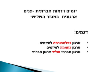 ‫יזמים ויזמות חברתית -פנים‬
   ‫ארגונית במגזר השלישי‬


                            ‫דגמים:‬

       ‫ארגון כפלטפורמה למיזמים‬     ‫•‬
            ‫ארגון כחממה למיזמים‬    ‫•‬
   ‫ארגון חברתי מוליד ארגון חברתי‬   ‫•‬
 