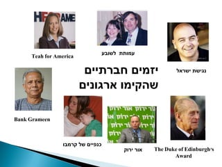 ‫עמותת לשובע‬
     ‫‪Teah for America‬‬

                         ‫יזמים חברתיים‬                      ‫נגישת ישראל‬

                        ‫שהקימו ארגונים‬

‫‪Bank Grameen‬‬



                ‫כנפיים של קרמבו‬
                                         ‫אור ירוק‬   ‫‪The Duke of Edinburgh's‬‬
                                                           ‫‪Award‬‬
 