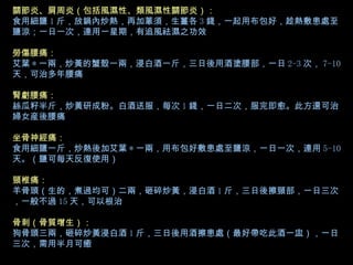 關節炎、肩周炎（包括風濕性、類風濕性關節炎）： 食用細鹽 1 斤，放鍋內炒熱，再加蔥須，生薑各 3 錢，一起用布包好，趁熱敷患處至鹽涼；一日一次，連用一星期，有追風祛濕之功效 勞傷腰痛： 艾葉 * 一兩，炒黃的蟹殼一兩，浸白酒一斤，三日後用酒塗腰部，一日 2-3 次， 7-10 天，可治多年腰痛 腎虧腰痛： 絲瓜籽半斤，炒黃研成粉。白酒送服，每次 1 錢，一日二次，服完即愈。此方還可治婦女産後腰痛 坐骨神經痛： 食用細鹽一斤，炒熱後加艾葉 * 一兩，用布包好敷患處至鹽涼，一日一次，連用 5-10 天。（鹽可每天反復使用） 頸椎痛： 羊骨頭（生的，煮過均可）二兩，砸碎炒黃，浸白酒 1 斤，三日後擦頸部，一日三次，一般不過 15 天，可以根治 骨刺（骨質增生）： 狗骨頭三兩，砸碎炒黃浸白酒 1 斤，三日後用酒擦患處（最好帶吃此酒一盅），一日三次，需用半月可癒   