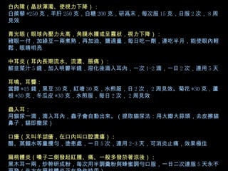 白內障（晶狀渾濁、使視力下降）： 白蒺藜 *250 克，羊肝 250 克，白糖 200 克，研爲末，每次服 15 克，日服 2 次， 8 周見效 青光眼（眼球內壓力太高，角膜水腫或呈霧狀，視力下降）： 豬眼一付，加綠豆一兩煮熟，再加油、鹽適量，每日吃一劑，連吃半月，能使眼內輕鬆，眼睛明亮 中耳炎（耳內長期流水、流濃、脹痛）： 鮮韭菜汁 5 錢，加入明礬半錢，溶化後滴入耳內，一次 1-2 滴，一日 2 次，連用 5 天 耳鳴、耳聾： 當歸 *15 錢，黑豆 30 克，紅塘 30 克，水煎服，日 2 次， 2 周見效。菊花 *30 克，蘆根 *30 克，冬瓜皮 *30 克，水煎服，每日 2 次， 2 周見效 蟲入耳： 用貓尿一滴，滴入耳內，蟲子會自動出來。（提取貓尿法：用大瓣大蒜頭，去皮擦貓鼻子，貓即撒尿） 口瘡（又叫羊胡瘡，在口內叫口腔潰瘍）： 醋、蒸餾水等量攪勻，塗患處，一日 5 次，連用 2-3 天，可消炎止痛，效果極佳 扁桃體炎（嗓子二側發起紅腫、痛、一般多發於著涼後）： 黑木耳一兩，炒幹研成粉，每次用半調羹粉與蜂蜜調勻口服，一日二次連服 5 天永不再發（此方在扁桃體炎正在發作時用）   