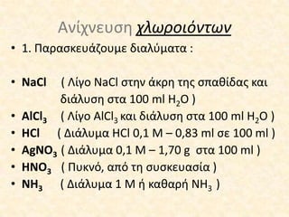 Ανίχνευση χλωροιόντων 1. Παρασκευάζουμε διαλύματα :NaCl    ( Λίγο NaCl στην άκρη της σπαθίδας και                  διάλυση στα 100 ml H2O )AlCl3( Λίγο AlCl3 και διάλυση στα 100 ml H2O )HCl      ( Διάλυμα HCl 0,1 Μ – 0,83 ml σε 100 ml )AgNO3( Διάλυμα 0,1 Μ – 1,70 gστα 100 ml )HNO3( Πυκνό, από τη συσκευασία )NH3 ( Διάλυμα 1 Μ ή καθαρή NH3 )
