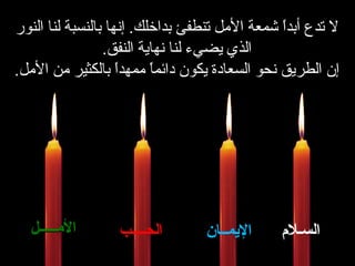 لا تدع أبداً شمعة الأمل تنطفئ بداخلك .   إنها بالنسبة لنا النور الذي يضيء لنا نهاية النفق . إن الطريق نحو السعادة   يكون دائماً ممهداً بالكثير من الأمل . السـلام الإيمــان الحــــب الأمـــــل 