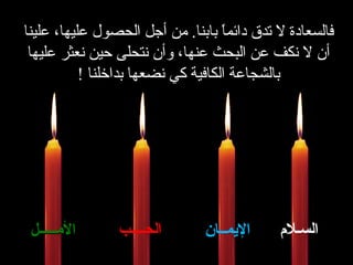 فالسعادة لا تدق دائماً بابنا .  من أجل الحصول عليها، علينا أن لا نكف عن البحث عنها، وأن نتحلى حين نعثر عليها بالشجاعة الكافية كي نضعها بداخلنا  ! السـلام الإيمــان الحــــب الأمـــــل 