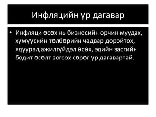 Инфляцийн үр дагавар Инфляци өсөх нь бизнесийн орчин муудах, хүмүүсийн төлбөрийн чадвар доройтох, ядуурал,ажилгүйдэл өсөх, эдийн засгийн бодит өсөлт зогсох сөрөг үр дагавартай. 