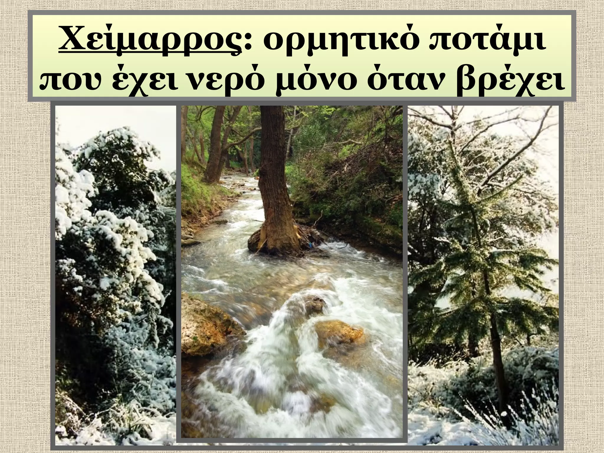 Χείμαρρος: ορμητικό ποτάμι
που έχει νερό μόνο όταν βρέχει

 