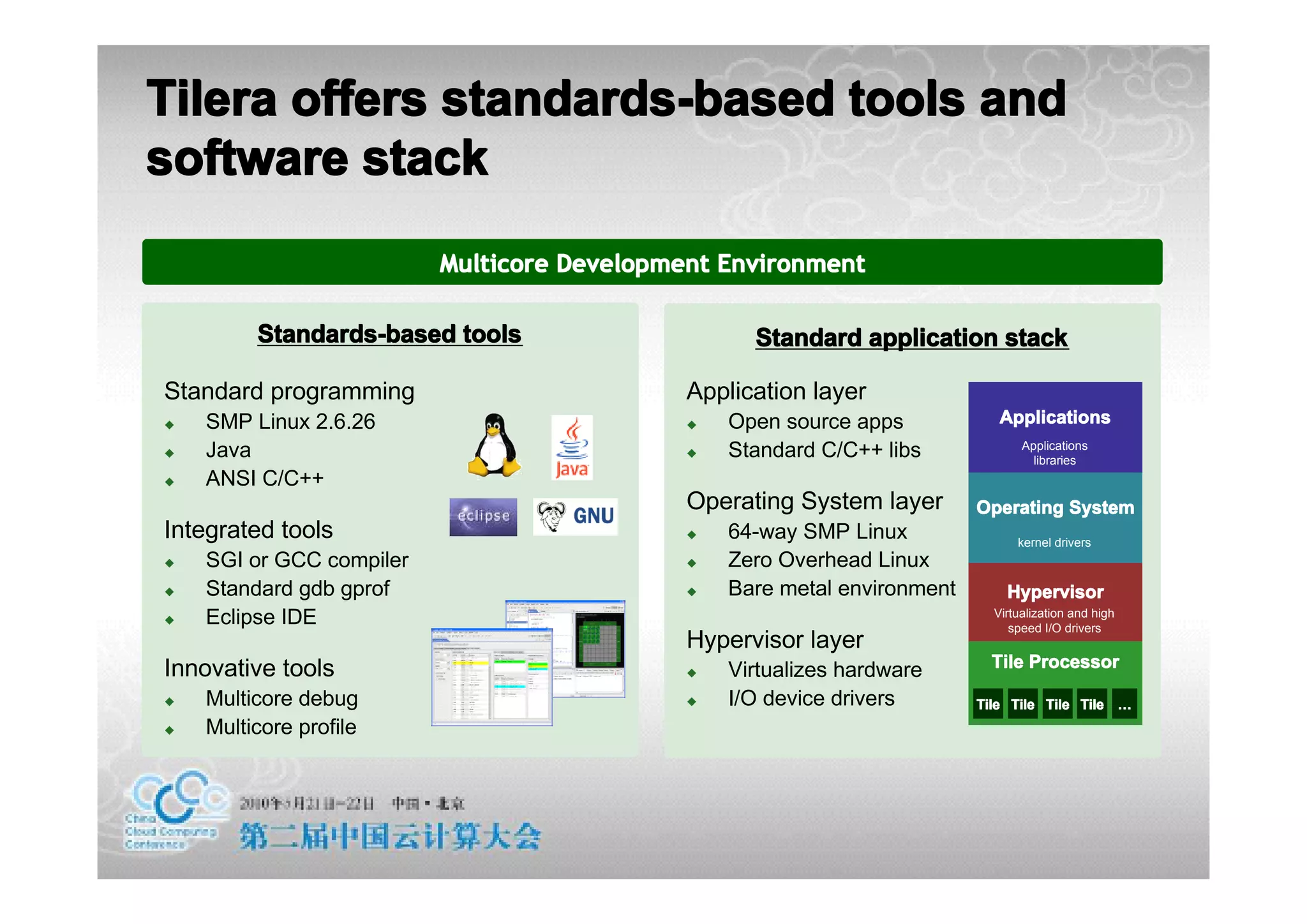 Tilera offers standards-based tools and
software stack
                          Multicore Development Environment

         Standards-based tools                     Standard application stack

Standard programming                         Application layer
�   SMP Linux 2.6.26                         �   Open source apps            Applications
                                                                                 Applications
�   Java                                     �   Standard C/C++ libs               libraries
�   ANSI C/C++
                                             Operating System layer       Operating System
Integrated tools                             �   64-way SMP Linux               kernel drivers
�   SGI or GCC compiler                      �   Zero Overhead Linux
�   Standard gdb gprof                       �   Bare metal environment       Hypervisor
�   Eclipse IDE                                                             Virtualization and high
                                                                               speed I/O drivers
                                             Hypervisor layer
Innovative tools                             �   Virtualizes hardware       Tile Processor

�   Multicore debug                          �   I/O device drivers       Tile Tile Tile Tile …
�   Multicore profile
 