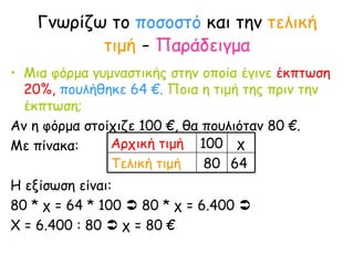Γνωρίζω το  ποσοστό  και την  τελική τιμή  -  Παράδειγμα Μια φόρμα γυμναστικής στην οποία έγινε  έκπτωση 20%,   πουλήθηκε 64 €.  Ποια η τιμή της πριν την έκπτωση; Αν η φόρμα στοίχιζε 100 €, θα πουλιόταν 80 €. Με πίνακα:  Η εξίσωση είναι:  80 * χ = 64 * 100    80 * χ = 6.400   Χ = 6.400 : 80    χ = 80 € 64 80 Τελική τιμή χ 100 Αρχική τιμή 
