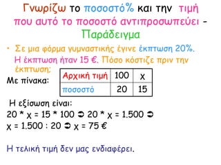 Γνωρίζω  το  ποσοστό%  και την  τιμή που αυτό το ποσοστό αντιπροσωπεύει  -  Παράδειγμα Σε μια φόρμα γυμναστικής έγινε  έκπτωση 20%. Η έκπτωση ήταν 15 €.  Πόσο κόστιζε πριν την έκπτωση;   Με πίνακα: Η εξίσωση είναι: 20 * χ = 15 * 100    20 * χ = 1.500     χ = 1.500 : 20    χ = 75 € Η τελική τιμή δεν μας ενδιαφέρει . 15 20 ποσοστό χ 100 Αρχική τιμή 