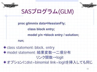 SASプログラム(GLM)
    proc glimmix data=HessianFly;
           class block entry;
           model y/n =block entry / solution;
    run;

class statement：block，entry
model statement：結果変数→二項分布
                 リンク関数→logit
オプションにdist=binomial link=logitを挿入しても同じ
                                                11
 