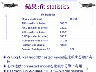 結果：fit statistics
                        Fit Statistics
      -2 Log Likelihood                           265.69
      AIC (smaller is better)            303.69
      AICC (smaller is better)           320.97
      BIC (smaller is better)            344.71
      CAIC (smaller is better)           363.71
      HQIC (smaller is better)           319.85
      Pearson Chi-Square                 106.74
      Pearson Chi-Square / DF                     2.37


-2 Log Likelihoodはnested modelを比較する際に有
用
その他はnonnested modelを比較する際に有用
                                                           17
 
