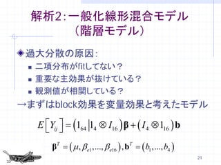 解析2：一般化線形混合モデル
     （階層モデル）
過大分散の原因：
    二項分布がfitしてない？
    重要な主効果が抜けている？
    観測値が相関している？
→まずはblock効果を変量効果と考えたモデル

     E Yij =
             (164   14 ⊗ I16 ) β + ( I 4 ⊗ 116 ) b

         βT     (= ( b1 ,..., b4 )
                 µ , β e1 ,..., β e16 ) , bT
                                                        21
 