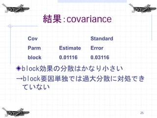 結果：covariance
 Cov                   Standard
 Parm       Estimate   Error
 block      0.01116    0.03116

 block効果の分散はかなり小さい
→block要因単独では過大分散に対処でき
 ていない


                                  25
 