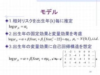モデル
1.相対リスクを出生年(k)毎に推定
logψ jk = α k
2.出生年の固定効果と変量効果を考慮
logψ jk = + β1Yeark + β 2 (Yeark2 − 22 ) + σµk , µk ~ N ( 0,1) , i.i.d .
         α

3.出生年の変量効果に自己回帰構造を想定
                                              1 −2 1 0 0 0          
                                                                     
                                              −2 5 −4 1 0 0         
logψ jk = 1Yeark + σµk ,
        α +β                      μT Rμ = μT  1 −4 6 −4 1 0          μ
                                                                     
                                              0 1 −4 6 −4 1         
                                                              
                                                                     

                                                                34
 
