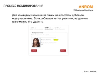 ПРОЦЕСС НОМИНИРОВАНИЯ ANROM E-Business Solutions Для командных номинаций таким же способом добавьте еще участников. Если добавлен не тот участник, на данном шаге можно его удалить ©201 1  ANROM 