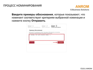 ПРОЦЕСС НОМИНИРОВАНИЯ ©201 1  ANROM ANROM E-Business Solutions Введите примеры обоснования , которые показывают, что номинант соответствует критериям выбранной номинации и нажмите кнопку  Отправить 