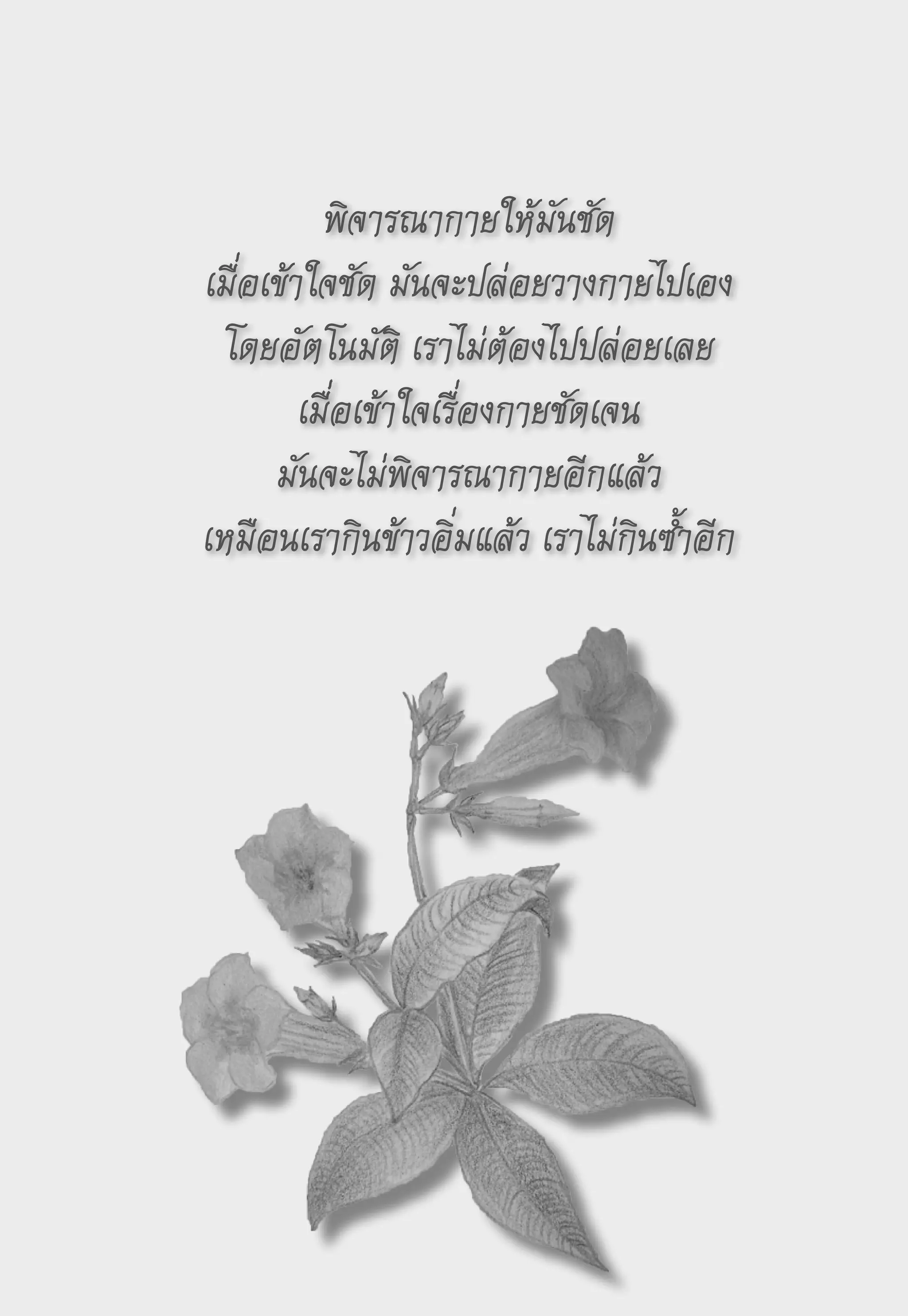 พิจารณากายให้มันชัด
เมื่อเข้าใจชัด
มันจะปล่อยวางกายไปเอง
 โดยอัตโนมัติ
เราไม่ต้องไปปล่อยเลย
         เมื่อเข้าใจเรื่องกายชัดเจน
      มันจะไม่พิจารณากายอีกแล้ว
เหมือนเรากินข้าวอิ่มแล้ว
เราไม่กินซ้ำอีก
 