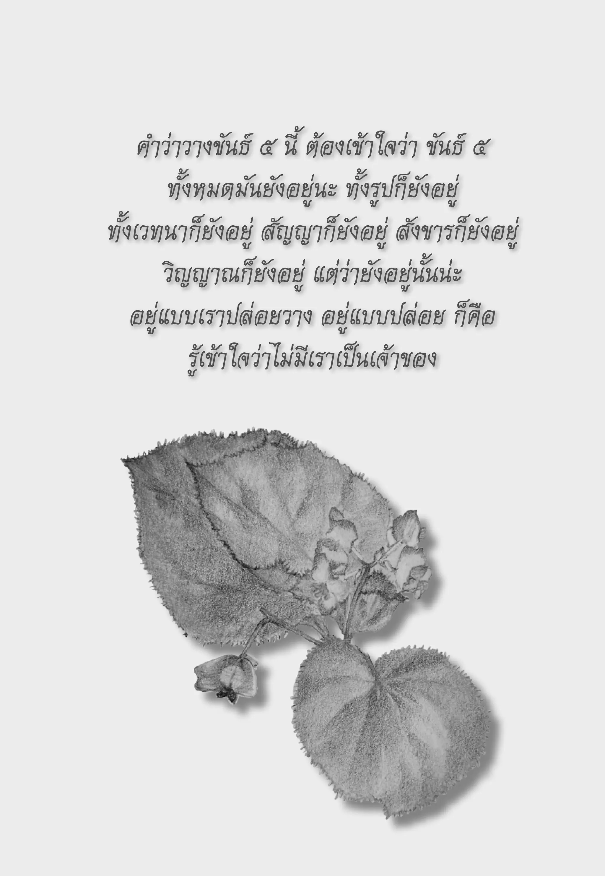 คำว่าวางขันธ์
๕
นี้
ต้องเข้าใจว่า
ขันธ์
๕

         ทั้งหมดมันยังอยู่นะ
ทั้งรูปก็ยังอยู่

ทั้งเวทนาก็ยังอยู่
สัญญาก็ยังอยู่
สังขารก็ยังอยู่
        วิญญาณก็ยังอยู่
แต่ว่ายังอยู่นั้นน่ะ

    อยู่แบบเราปล่อยวาง
อยู่แบบปล่อย
ก็คือ

             รู้เข้าใจว่าไม่มีเราเป็นเจ้าของ
 