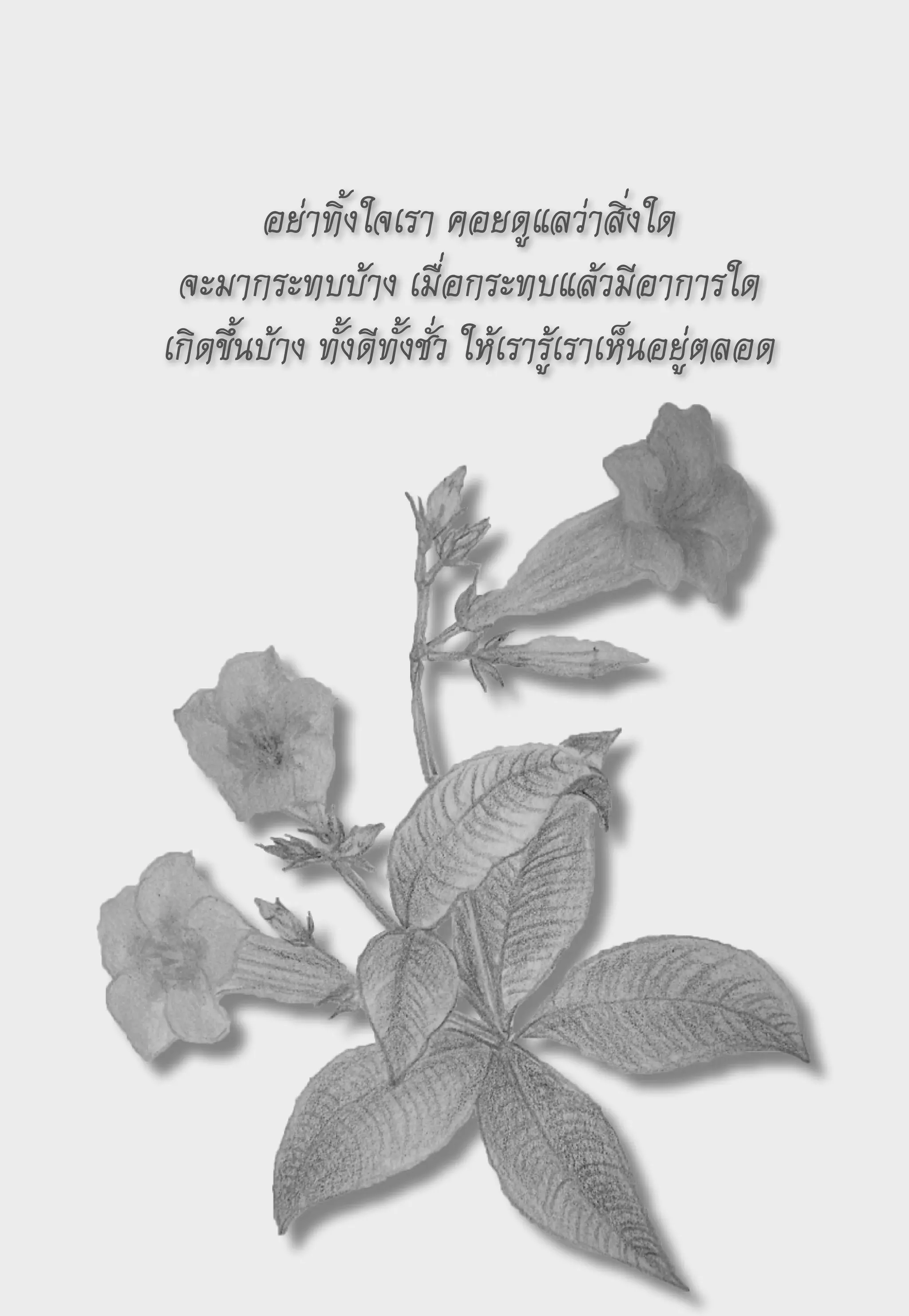 อย่าทิ้งใจเรา
คอยดูแลว่าสิ่งใด
 จะมากระทบบ้าง
เมื่อกระทบแล้วมีอาการใด
เกิดขึ้นบ้าง
ทั้งดีทั้งชั่ว
ให้เรารู้เราเห็นอยู่ตลอด
 