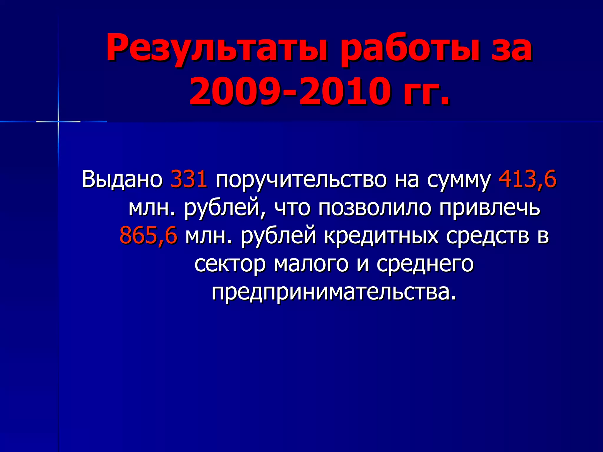 Результаты работы за 2009-2010 гг. Выдано  331  поручительство на сумму  413,6  млн. рублей, что позволило привлечь  865,6  млн. рублей кредитных средств в сектор малого и среднего предпринимательства. 