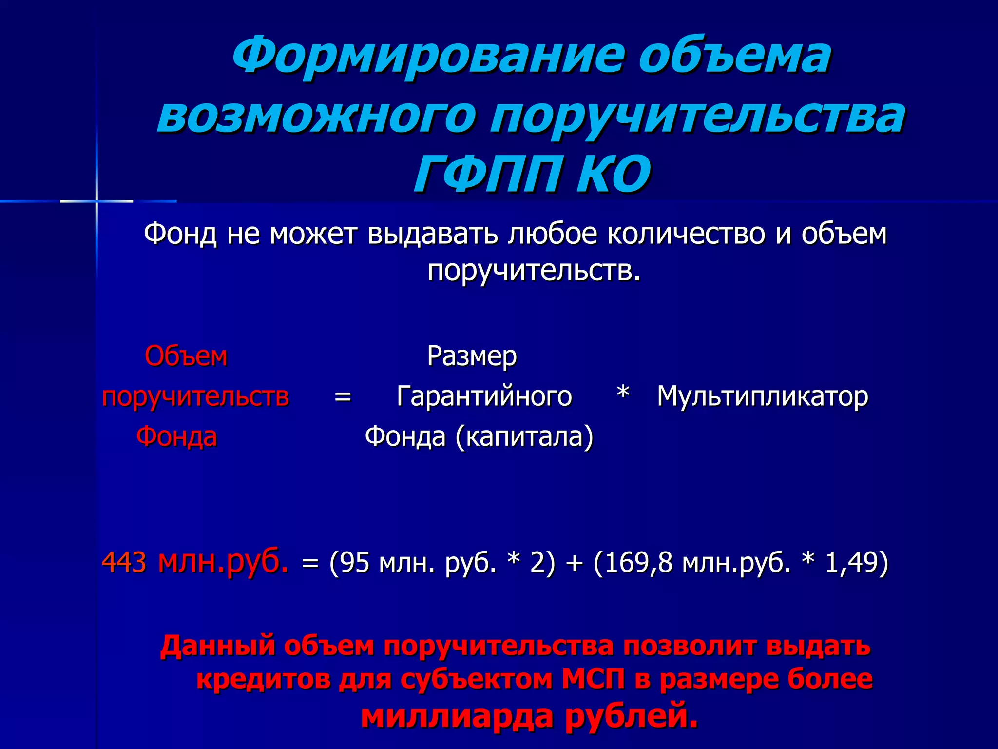 Формирование объема возможного поручительства ГФПП КО Фонд не может выдавать любое количество и объем поручительств. Объем  Размер  поручительств  =  Гарантийного  *  Мультипликатор Фонда  Фонда (капитала)  443  млн.руб.  = (95 млн. руб. * 2) + (169,8 млн.руб. *  1 , 4 9) Данный объем поручительства позволит выдать кредитов для субъектом МСП в размере более  миллиарда рублей.  