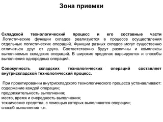 Зона приемки



Складской     технологический    процесс    и    его   составные     части
 Логистические функции складов реализуются в процессе осуществления
отдельных логистических операций. Функции разных складов могут существенно
отличаться друг от друга. Соответственно будут различны и комплексы
выполняемых складских операций. В широких пределах варьируются и способы
выполнения однородных операций.

Совокупность    складских    технологических        операций     составляет
внутрискладской технологический процесс.

 При проектировании внутрискладского технологического процесса устанавливают:
содержание каждой операции;
продолжительность выполнения;
место, время и очередность выполнения;
технические средства, с помощью которых выполняются операции;
способ выполнения т.п.
 