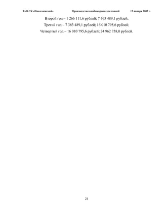 ЗАО СК «Николаевский»          Производство комбикормов для свиней    15 января 2002 г.

               Второй год – 1 266 111,6 рублей; 7 363 489,1 рублей;
              Третий год – 7 363 489,1 рублей; 16 010 795,6 рублей;
            Четвертый год – 16 010 795,6 рублей; 24 962 758,0 рублей.




                                        21
 