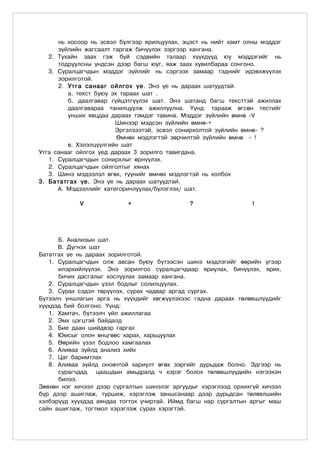 íü õîñîîð íü ýñâýë á¿ëãýýð ÿðèëöóóëàõ, ýöýñò íü íèéò õàìò îëíû ìýääýã
      ç¿éëèéí æàãñààëò ãàðãàæ áè÷¿¿ëýõ çýðãýýð õàíãàíà.
   2. Òóõàéí çààõ ãýæ áóé ñýäâèéí òàëààð õ¿¿õä¿¿ä þó ìýääýãèéã íü
      òîäðóóëñíû ¿íäñýí äýýð áàãø þóã, ÿàæ çààõ õóâèëáàðàà ñîíãîíî.
   3. Ñóðàëöàã÷äûí ìýääýã ç¿éëèéã íü ñýðãýýõ çàìààð òýäíèéã èäýâõæ¿¿ëýõ
      çîðèëãîòîé.
      2. Óòãà ñàíààã îéëãîõ ¿å . Ýíý ¿å íü äàðààõ øàòóóäòàé.
         à. òåêñò áóþó ýõ òàðààõ øàò .
         á. äààëãàâàð ã¿éöýòã¿¿ëýõ øàò. Ýíý øàòàíä áàãø òåêñòòýé àæèëëàõ
         äààëãàâàðàà òàíèëöóóëæ àæèëëóóëíà. ¯¿íä: òàðààæ ºãñºí òåñòèéã
         óíøèõ ÿâöäàà äàðààõ òýìäýã òàâèíà. Ìýääýã ç¿éëèéí ºìíº -V
                        Øèíýýð ìýäñýí ç¿éëèéí ºìíº-+
                        Ýðãýëçýýòýé, ýñâýë ñîíèðõîëòîé ç¿éëèéí ºìíº- ?
                         ªìíºõ ìýäëýãòýé çºð÷èëòýé ç¿éëèéí ºìíº - !
         â. Õýëýëö¿¿ëãèéí øàò
Óòãà ñàíààã îéëãîõ ¿åä äàðààõ 3 çîðèëãî òàâèãäàíà.
   1. Ñóðàëöàã÷äûí ñîíèðõëûã ºðí¿¿ëýõ.
   2. Ñóðàëöàã÷äûí îéëãîëòûã õÿíàõ
   3. Øèíý ìýäýýëýë ºãºõ, ò¿¿íèéã ºìíºõ ìýäëýãòýé íü õîëáîõ
3. Áàòàòãàõ ¿å. Ýíý ¿å íü äàðààõ øàòóóäòàé.
      À. Ìýäýýëëèéã êàòåãîðè÷ëóóëàõ/á¿ëýãëýõ/ øàò.

            V              +                  ?                   !




      Á. Àíàëèçûí øàò.
      Â. Ä¿ãíýõ øàò
Áàòàòãàõ ¿å íü äàðààõ çîðèëãîòîé.
   1. Ñóðàëöàã÷äûí îëæ àâñàí áóþó á¿òýýñýí øèíý ìýäëýãèéã ººðèéí ¿ãýýð
      èëýðõèéë¿¿ëýõ. Ýíý çîðèëãîî ñóðàëöàã÷äààð ÿðèóëàõ, áè÷¿¿ëýõ, ÿðèõ,
      áè÷èõ äàñãàëûã õîñëóóëàõ çàìààð õàíãàíà.
   2. Ñóðàëöàã÷äûí ¿çýë áîäëûã ñîëèëöóóëàõ.
   3. Ñóðàõ ñýäýë òºð¿¿ëýõ, ñóðàõ ÷àäâàð àðãàä ñóðãàõ.
Á¿òýýë÷ óíøëàãûí àðãà íü õ¿¿õäèéã õºãæ¿¿ëýõýýñ ãàäíà äàðààõ òºëºâøë¿¿äèéã
õ¿¿õäýä áèé áîëãîíî. ¯¿íä:
   1. Õàìòà÷, á¿òýýë÷ ¿éë àæèëëàãàà
   2. Ýìõ öýãöòýé áàéäàëä
   3. Áèå äààí øèéäâýð ãàðãàõ
   4. Þìñûã îëîí ºíöãººñ õàðàõ, õàðüöóóëàõ
   5. ªºðèéí ¿çýë áîäëîî õàìãààëàõ
   6. Àëèâàà ç¿éëä àíàëèç õèéõ
   7. Öàã áàðèìòëàõ
   8. Àëèâàà ç¿éëä îíîâ÷òîé õàðèóëò ºãºõ çýðãèéã äóðüäàæ áîëíî. Ýäãýýð íü
      ñóðàã÷äàä   öààøäûí àìüäðàëä ÷ õýðýã áîëîõ òºëºâøë¿¿äèéí íýãýýõýí
      áèëýý.
Çºâõºí íýã õè÷ýýë äýýð ñóðãàëòûí øèíýëýã àðãóóäûã õýðýãëýýä îðõèõã¿é õè÷ýýë
á¿ð äýýð àøèãëàæ, òóðøèæ, õýðýãëýæ çàíøñàíààð äýýð äóðüäñàí òºëºâëøèéí
õýëáýð¿¿ä õ¿¿õäýä àÿíäàà òîãòîõ ó÷èðòàé. Èéìä áàãø íàð ñóðãàëòûí àðãûã ìàø
ñàéí àøèãëàæ, òîãòìîë õýðýãëýæ ñóðàõ õýðýãòýé.
 