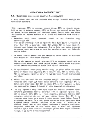 ÑÓÄÀËÃÀÀÍÛ ÁÎËÎÂÑÐÓÓËÀËÒ

1.1.    Сурагчдаас авах санал асуулг ûí áîëîâñðóóëàëò

1.Хичээл заадаг багш нар тань хичээлээ ямар аргаар      ихэвчлэн явуулдаг вэ?
гэсэн санал асуулганд


 Нийт сурагчдын 75% нь харилцан ярианы аргаар, 20% нь лекцийн аргаар,
1,6% нь тулгуур дохионы аргаар, 3,3% нь бүтээлч сэтгэлгээний аргаар багш
нар маань хичэлээ явуулдаг гэж хариулсан байна. Эндээс багш нар маань
сургалтандаа нэг төрлийн хэвшсэн аргыг л ашиглаж байна гэж хэлж болохоор
байна.
2. Хичээлийн явцад багш сурагчдын алиных нь үйл ажиллагаа илүү
   давамгайлдаг вэ?
   гэсэн санал асуулганд : Нийт 60 сурагчийн 32 нь буюу 53,3% нь багшийн, 5
   сурагч буюу 8% нь сурагчийн гэсэн бол үлдсэн 38% нь багш сурагчийн
   оролцоо ижил байдаг гэж хариулжээ. Энэ нь багш нар маань сургалтаа
   явуулахдаа голдуу хүүхэд рүү чиглэсэн бус өөрийнх нь үүрэг илүү байдгийн
   харуулж байна.

3. Та нарын бодлоор хичээл тань үйл ажиллагаа төвтэй байдаг уу, мэдээлэл
   төвэй байдаг уу? гэсэн санал асуулганд

     20% нь үйл ажиллагаа төвтэй гэсэн бол 33% нь мэдээлэл төвтэй, 46% нь
     адилхан гэсэн хариулт өгч байна. Эндээс хархад сургалт маань мэдээлэлд
     бус үйл ажиллагаанд чиглэгдэх ёстой гэсэн дүгнэлт гарч байна.

4. Та нар хичээлийг ямар аргаар явуулбал илүү үр дүнтэй байна гэж бодож
   байна вэ? гэсэн санал асуулганд 8% нь лекцийн арга, 33% нь ярианы арга,
   78% нь хөгжүүлэх сургалтын аргыг тус тус сонгожээ. Үүнийг диаграммаар
   харуулбал:

5. Хичээл зааж буй багш нар тань хичээлээ заахдаа ямар аргаар хичээлээ
   явуулснаа хэлж өгдөг үү? гэсэн санал асуулганд нийт сурагчдын 6% нь
   байнга хэлж өгдөг гэсэн бол 30% нь хааяа, 64% нь буюу дийлэнх нь багш
   нар маань сургалт явуулж буй аргаа огт хэлж өгддөггүй гэж хариулжээ.

6.     Та нар сургалтын ямар ямар арга мэдэх вэ? Нэрлэж бичээрэй. гэсэн
     асуултанд давхардсан тоогоор сурагчдын 53% нь харилцан ярианы арга,
     56% нь лекцийн арга, 25% нь       танин мэдэхүйн, дасгалын, тестийн, эрэл
     хайгуулын, нээлттэй гэт мэт аргуудыг нэрлэж бичсэн бол, 31 % нь
     сургалтын ямар нэгэн арга мэдэхгүй гэсэн хариулт өгсөн байна. Дээрх 2
     асуулганаас дүгнэхэд багш нар маань сургалтын аргыг сурагчдад хэлж
     өгддөггүй улмаас сурагчид сургалтын аргын талаар огт мэддэггүй нь
     харагдаж байна. Энэ нь багш нарын сургалтанд ч тодорхой хэмжээгээр
     хүндрэлтэй байна гэж би үзэж байна. Учир нь багш нар сурагчдад
     сургалтын аргыг хэлж, ашиглаж хэвшээгүйн улмаас багш нарын хичээлийн
     тал хувь нь үр дүнгүй өнгрөх магадлалтай.
 