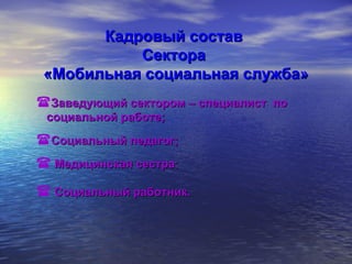 Кадровый состав  Сектора  «Мобильная социальная служба» Заведующий сектором – специалист  по  социальной работе; Социальный педагог; Медицинская сестра ; Социальный работник. 