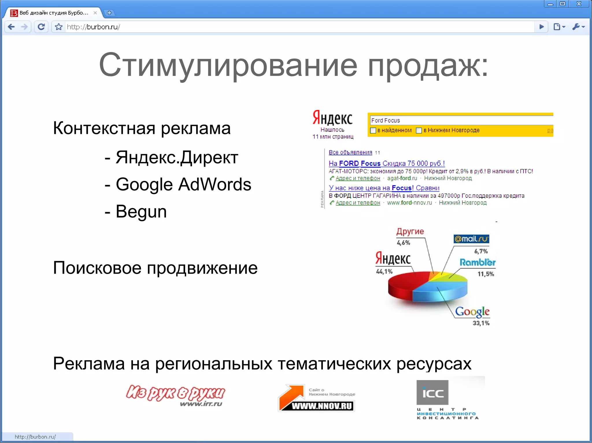 Стимулирование продаж: Контекстная реклама - Яндекс.Директ - Google АdWords - Begun Поисковое продвижение Реклама на региональных тематических ресурсах 