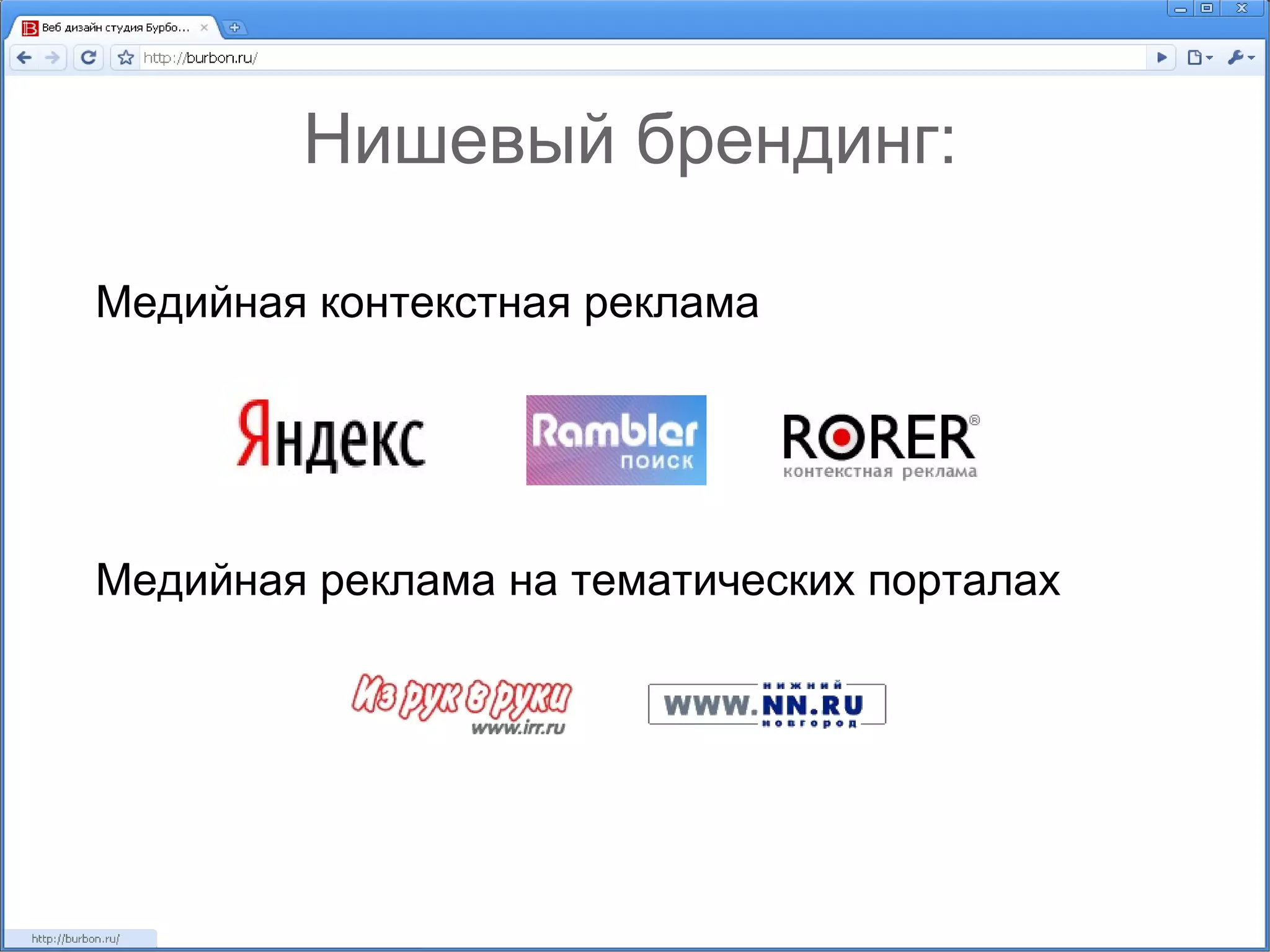 Нишевый брендинг: Медийная контекстная реклама Медийная реклама на тематических порталах 