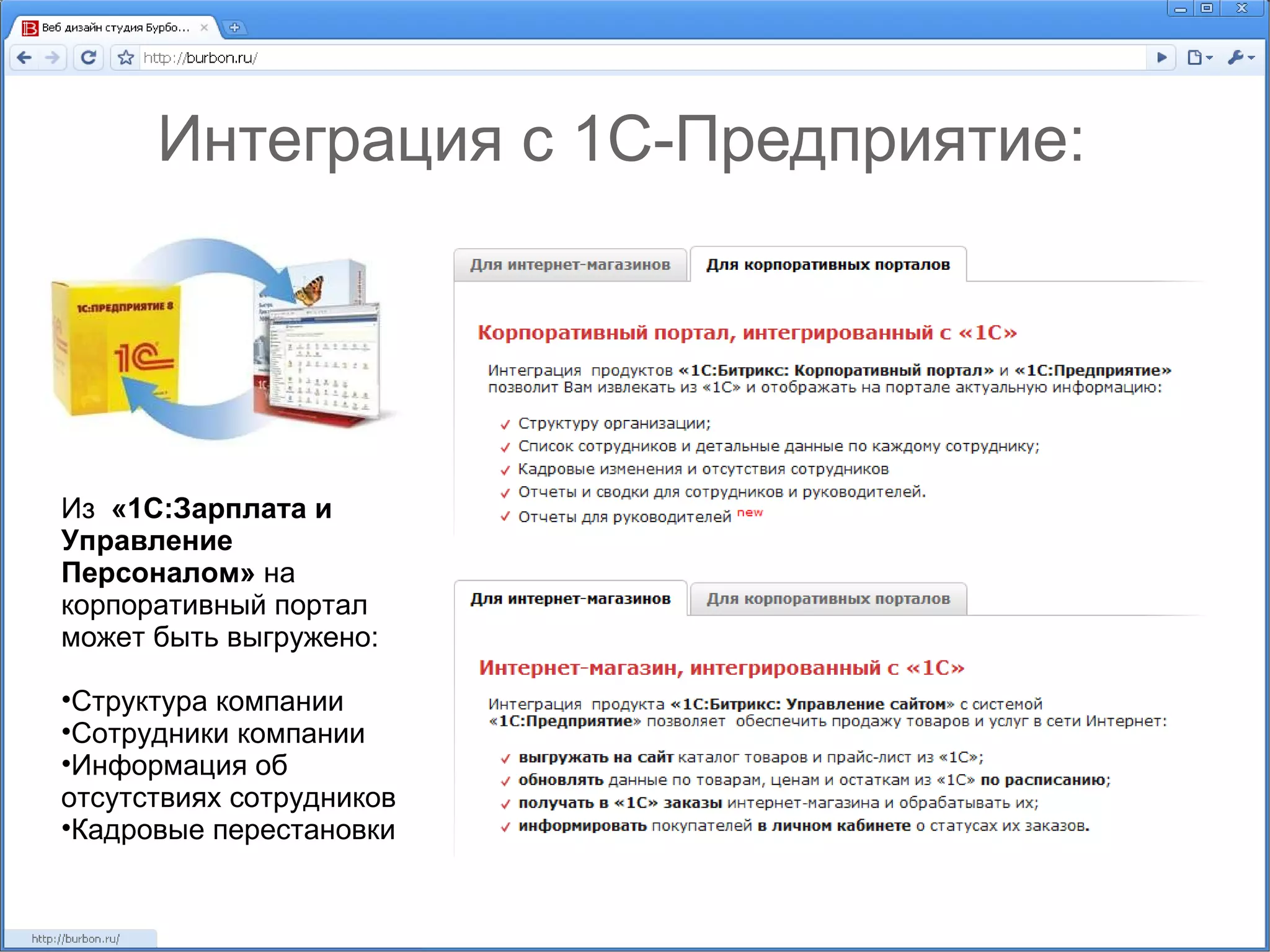 Интеграция с 1С-Предприятие:  Из  «1С:Зарплата и Управление Персоналом»  на корпоративный портал может быть выгружено: Структура компании Сотрудники компании Информация об отсутствиях сотрудников  Кадровые перестановки  