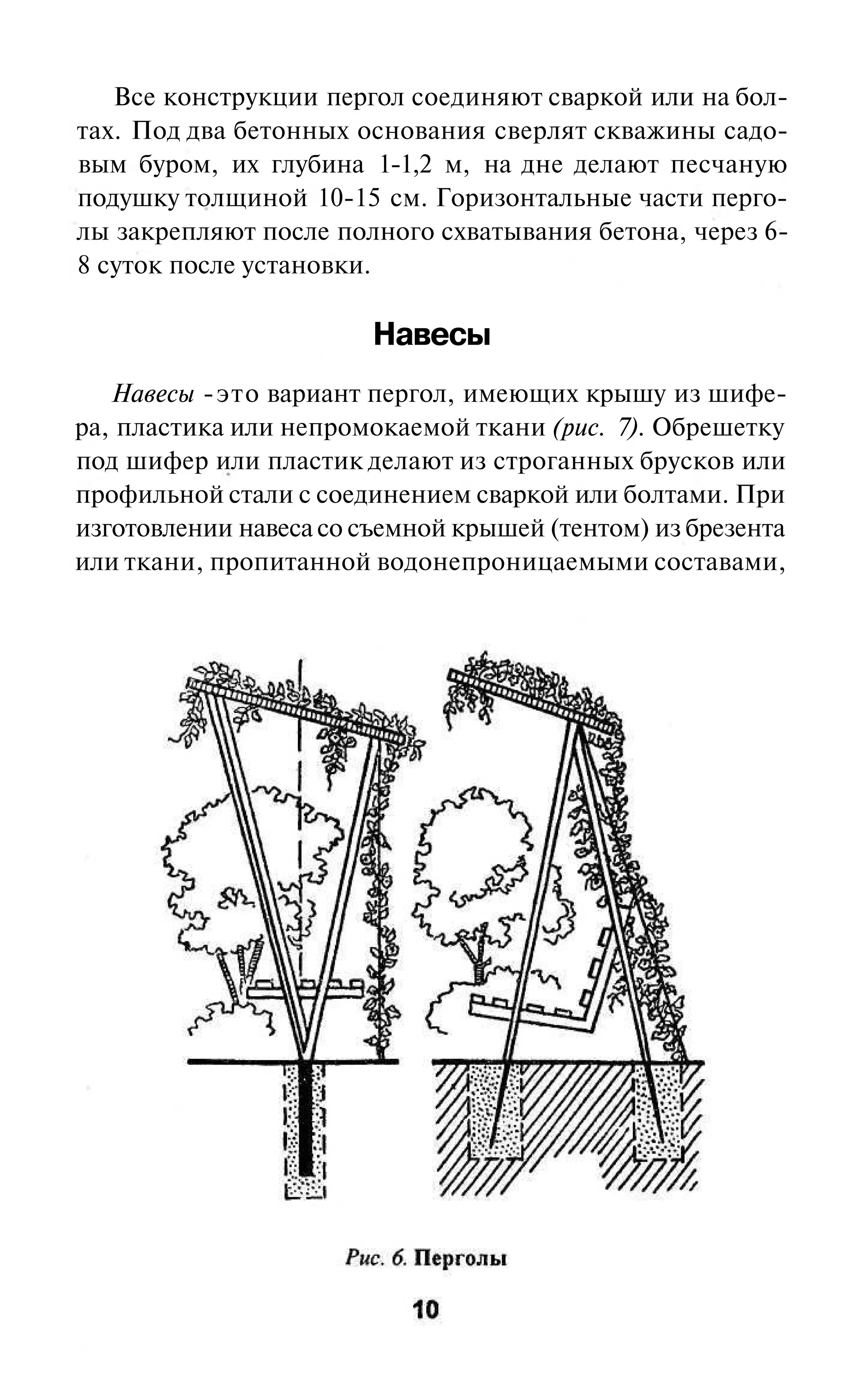 Все конструкции пергол соединяют сваркой или на бол-
тах. Под два бетонных основания сверлят скважины садо-
вым буром, их глубина 1-1,2 м, на дне делают песчаную
подушку толщиной 10-15 см. Горизонтальные части перго-
лы закрепляют после полного схватывания бетона, через 6-
8 суток после установки.

                        Навесы
   Навесы -это вариант пергол, имеющих крышу из шифе-
ра, пластика или непромокаемой ткани (рис. 7). Обрешетку
под шифер или пластик делают из строганных брусков или
профильной стали с соединением сваркой или болтами. При
изготовлении навеса со съемной крышей (тентом) из брезента
или ткани, пропитанной водонепроницаемыми составами,
 