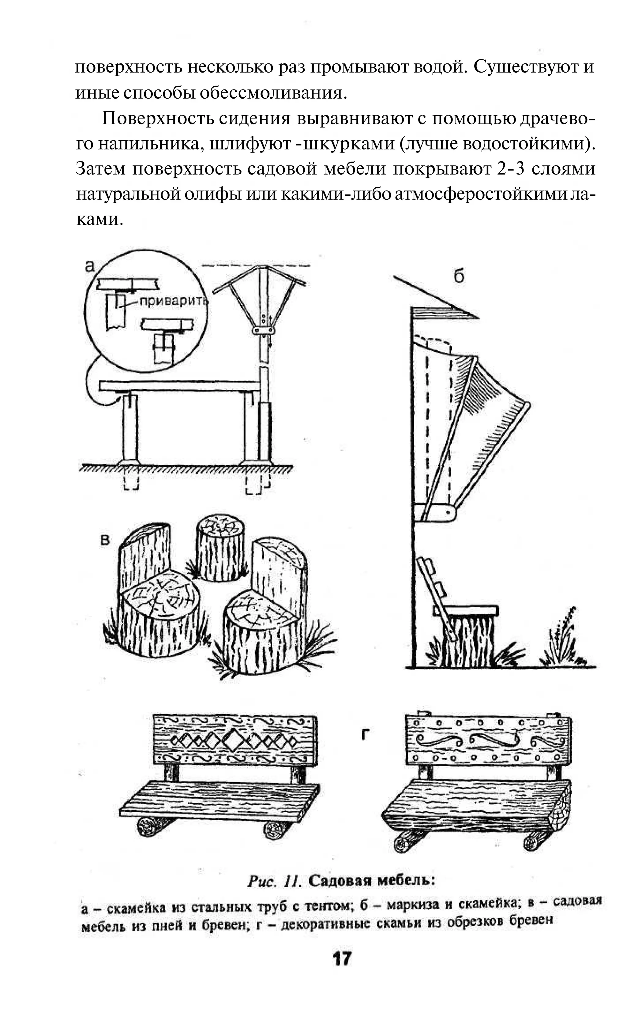 поверхность несколько раз промывают водой. Существуют и
иные способы обессмоливания.
   Поверхность сидения выравнивают с помощью драчево-
го напильника, шлифуют -шкурками (лучше водостойкими).
Затем поверхность садовой мебели покрывают 2-3 слоями
натуральной олифы или какими-либо атмосферостойкими ла-
ками.
 