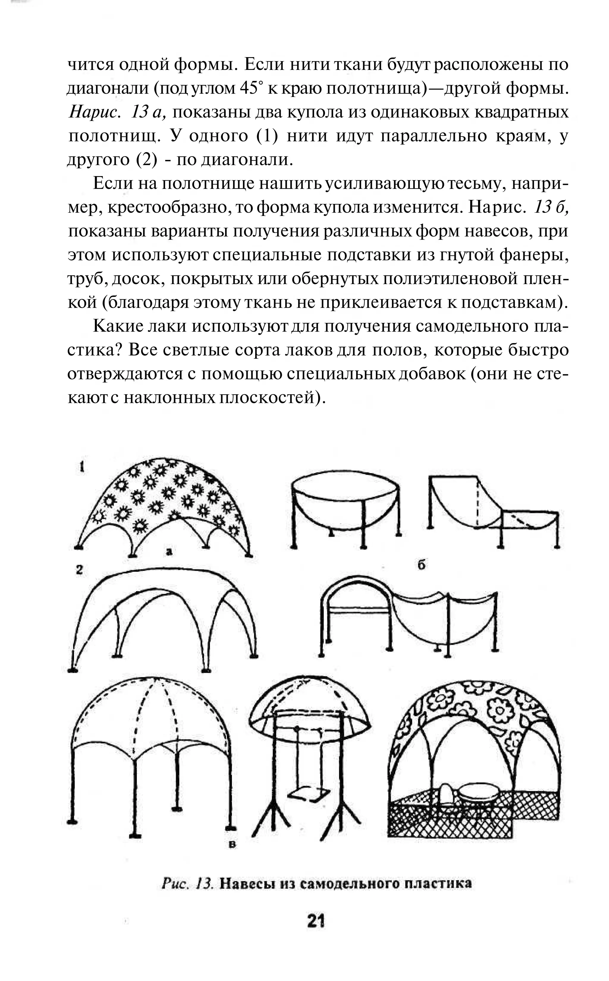 чится одной формы. Если нити ткани будут расположены по
диагонали (под углом 45° к краю полотнища)—другой формы.
Нарис. 13 а, показаны два купола из одинаковых квадратных
полотнищ. У одного (1) нити идут параллельно краям, у
другого (2) - по диагонали.
   Если на полотнище нашить усиливающую тесьму, напри-
мер, крестообразно, то форма купола изменится. На рис. 13 б,
показаны варианты получения различных форм навесов, при
этом используют специальные подставки из гнутой фанеры,
труб, досок, покрытых или обернутых полиэтиленовой плен-
кой (благодаря этому ткань не приклеивается к подставкам).
   Какие лаки используют для получения самодельного пла-
стика? Все светлые сорта лаков для полов, которые быстро
отверждаются с помощью специальных добавок (они не сте-
кают с наклонных плоскостей).
 
