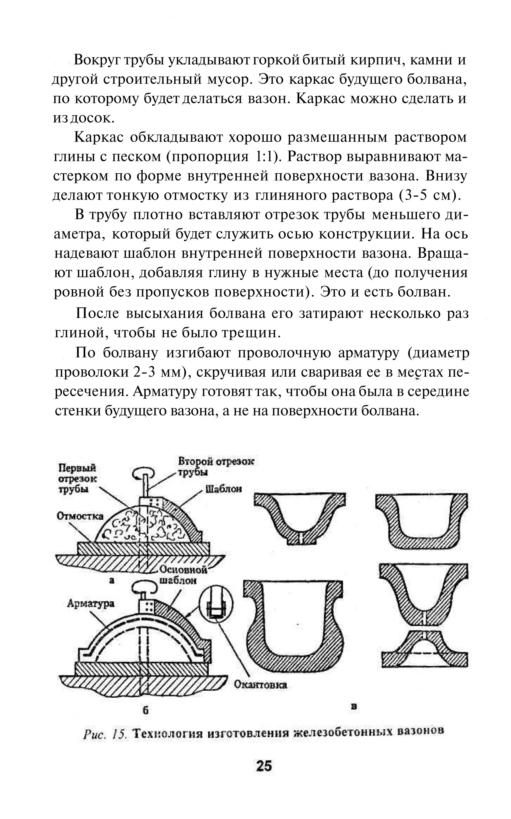 Вокруг трубы укладывают горкой битый кирпич, камни и
другой строительный мусор. Это каркас будущего болвана,
по которому будет делаться вазон. Каркас можно сделать и
из досок.
   Каркас обкладывают хорошо размешанным раствором
глины с песком (пропорция 1:1). Раствор выравнивают ма-
стерком по форме внутренней поверхности вазона. Внизу
делают тонкую отмостку из глиняного раствора (3-5 см).
   В трубу плотно вставляют отрезок трубы меньшего ди-
аметра, который будет служить осью конструкции. На ось
надевают шаблон внутренней поверхности вазона. Враща-
ют шаблон, добавляя глину в нужные места (до получения
ровной без пропусков поверхности). Это и есть болван.
    После высыхания болвана его затирают несколько раз
глиной, чтобы не было трещин.
    По болвану изгибают проволочную арматуру (диаметр
проволоки 2-3 мм), скручивая или сваривая ее в местах пе-
ресечения. Арматуру готовят так, чтобы она была в середине
стенки будущего вазона, а не на поверхности болвана.
 