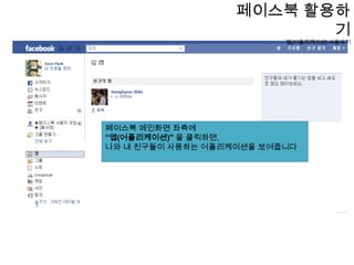 페이스북 활용하기그룹기능으로 소통하기그룹은일종의 카페와 같은 개념이다- e-메일로 그룹에 글을 올릴 수있다다른 기존의 카페는 글을 남기거나소식을확인하려면 직접 접속을 해야 했지만, 페이스북 그룹기능은 e-메일로 언제 어디서나 확인이 가능하다개설자나 사용자 모두가 친구초대, 단체채팅, 게시물 올리기 등이 가능하며,사용자만이 할수 있는 기능은그룹 이름설정, 공개/비공개 설정, 친구차단, 게시물삭제, 관리자 추가 등이 있다. 