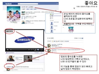 페이지 살펴보기탭탭은 최대 6개까지 공개되고,어플리케이션 외 정적FBML탭을 이용하여다양한 맞춤탭을 제작하여 활용할 수 있다 쉬운 퍼블리싱기사링크,동영상,사진 등을 모바일, 웹에서 간단하게 게시 자동 이미지 추출이 가능하고, 자동단축 URL로 트위터동시 포스팅이가능하다Viral 커뮤니케이션좋아요,공유하기 기능을  통해해당 기사가 팬들 사이에 확산된다팬(좋아하는사람)발행한 컨텐츠및관련 댓글등의 모든 활동내역이팬에게  실시간으로 전달된다