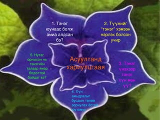 1. Тэнэг юунаас болж амиа алдсан бэ? 2. Түүнийг “тэнэг” хэмээн нэрлэх болсон учир 3. Тэнэг үнэхээр тэнэг хүн мөн үү? 4. Хүн амьдралыг бусдын төлөө зориулах ёстой юу юмуу  5. Нутаг орныхон нь тэнэгийн талаар ямар бодолтой байдаг вэ? Асуултанд хариулцгаая 