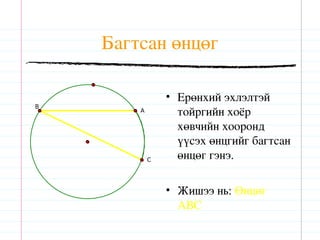 Багтсан өнцөг

                • Ерөнхий эхлэлтэй
B
        A
                  тойргийн хоёр
                  хөвчийн хооронд
                  үүсэх өнцгийг багтсан
            C     өнцөг гэнэ.

                • Жишээ нь: Өнцөг
                  АВС
 