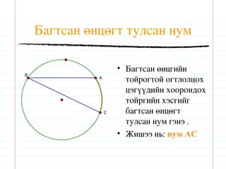 Багтсан өнцөгт тулсан нум

                      • Багтсан өнцгийн
B
              A
                        тойрогтой огтлолцох
                        цэгүүдийн хоорондох
                        тойргийн хэсгийг
                  C     багтсан өнцөгт
                        тулсан нум гэнэ .
                      • Жишээ нь: нум AC
 
