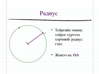 Радиус

         • Тойргийн төвөөс
     A
           тойрог хүртлэх
           хэрчмийг радиус
O
           гэнэ.

         • Жишээ нь: OA
 