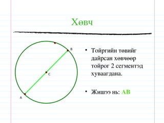 Хөвч

        B
            • Тойргийн төвийг
              дайрсан хөвчөөр
              тойрог 2 сегментэд
    C         хуваагдана.

            • Жишээ нь: AB
A
 